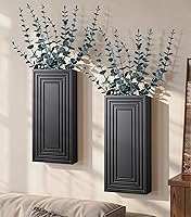 FancyPlus 2-Pack Black Wooden Hanging Wall Vases with Artificial Eucalyptus - Boho Farmhouse Planters for Living Room, Kitchen, Bedroom Decor