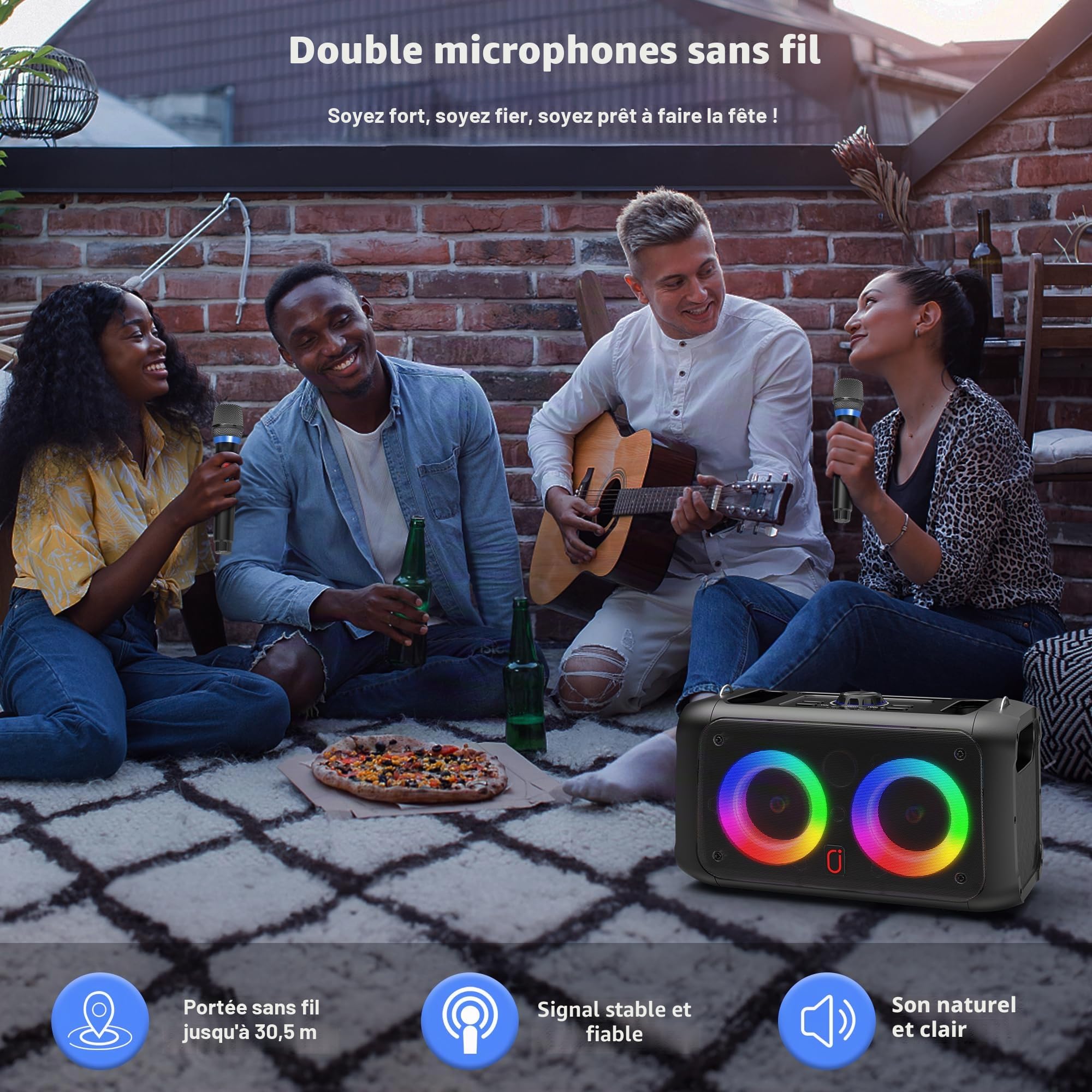 JYX Machine de Karaoké avec 2 Microphones sans Fil pour Adultes Enfants, Système de Karaoké Portable Prend en Charge Les Fêtes à La Maison，au Camping，Supporte TWS/AUX/USB/TF Card.