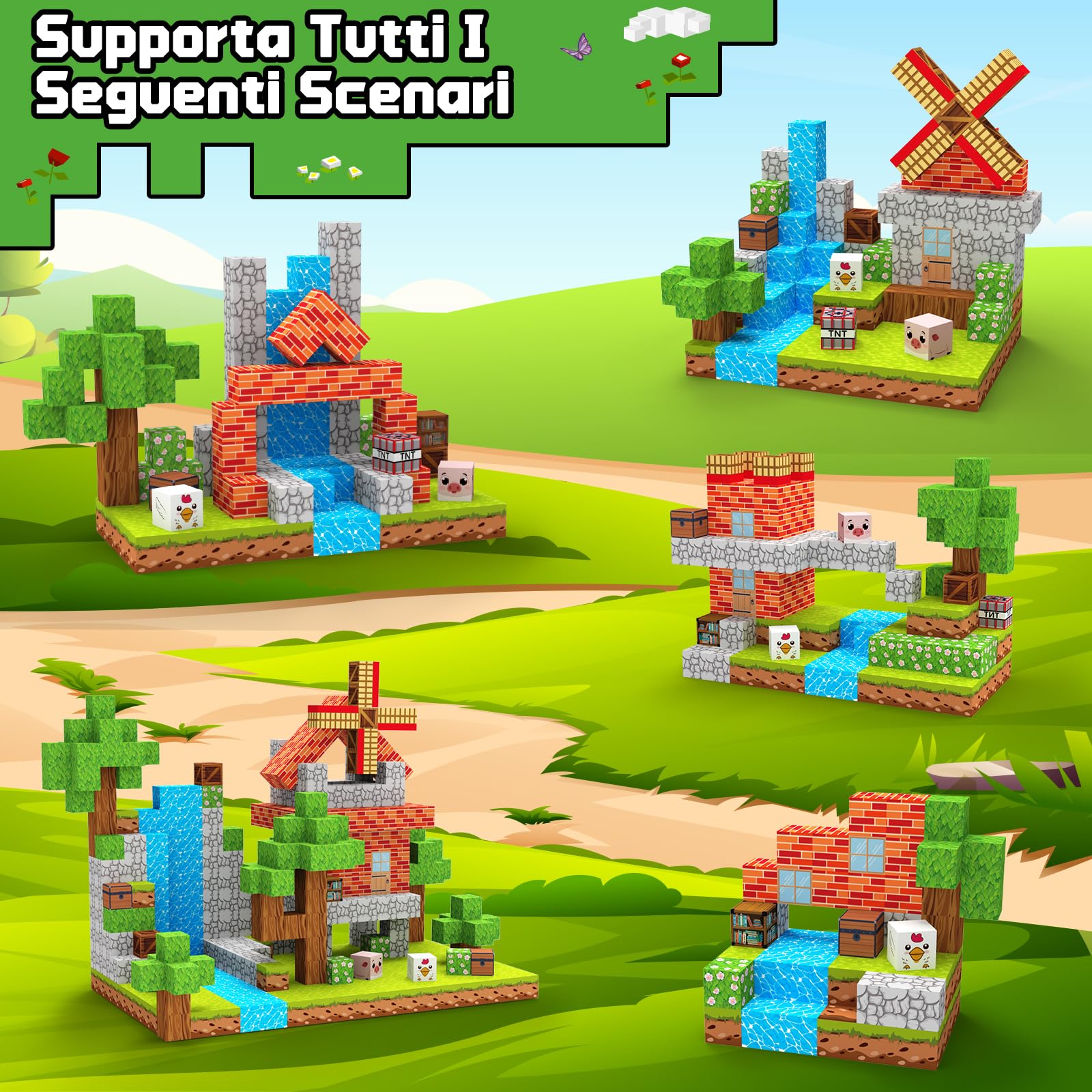 Costruzioni Magnetiche per Bambini 150 Pezzi 2CM, Cubi Magnetici per Bambini con Fattoria e Mulino a Vento, Giocattoli Montessori dai 3 ai 9 Anni Regali per Ragazzi e Ragazze