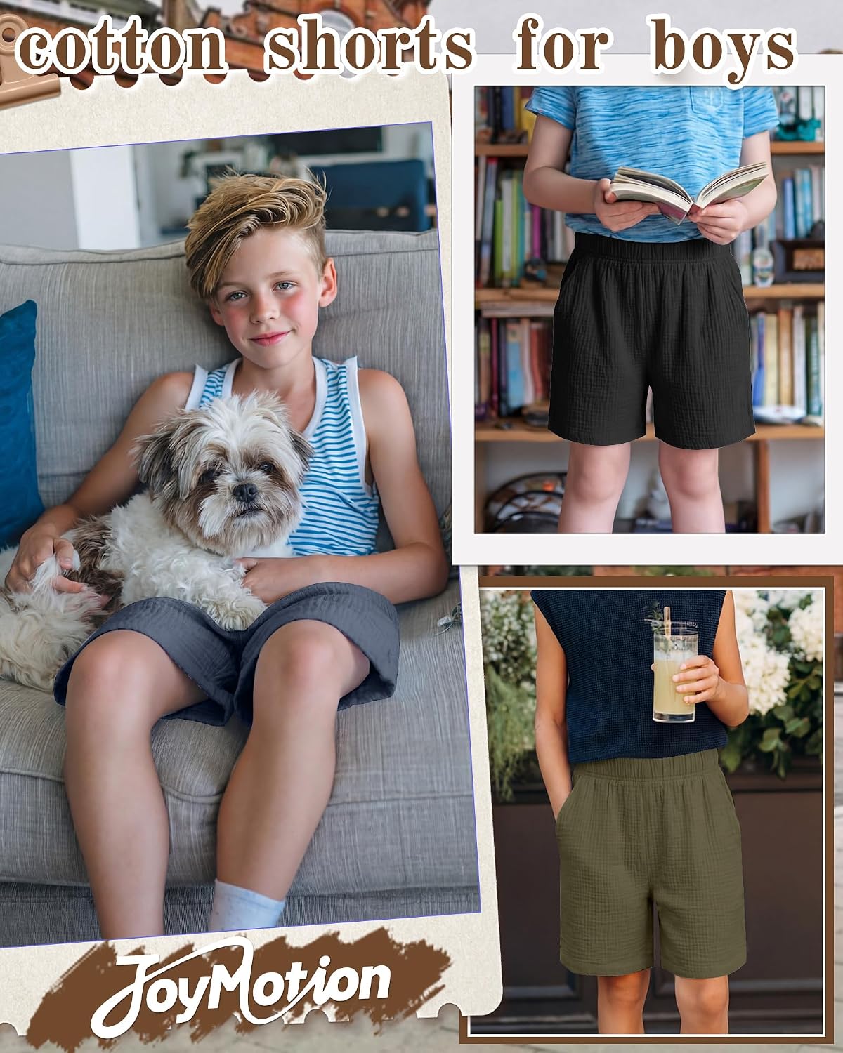 3 Pack Boys 100% Cotton Shorts Breathable Lightweight Summer Casual Shorts with Elastic Waist & Pockets for Kids
