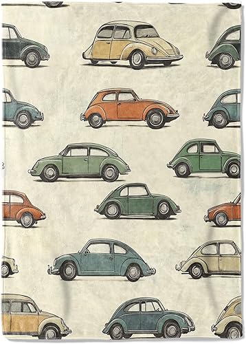 Manta retro de forro polar para automóvil, 50 x 60 pulgadas, manta clásica vintage de autos de escarabajo coloridos, color crema, suave, acogedora y