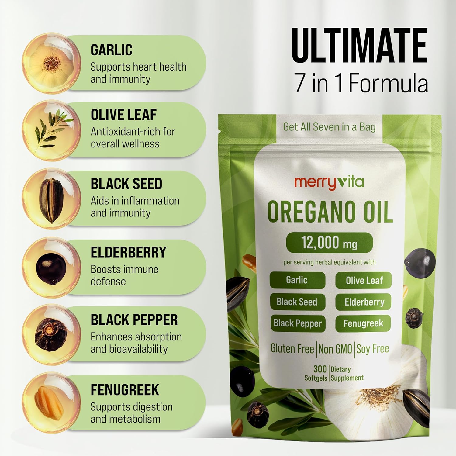 Oil of Oregano with Black Seed Oil– 12,000mg Oregano Oil Capsules Organic, High Carvacrol – Aceite de Orégano Cápsulas, Immune Support Supplement – Non-GMO - 300 Softgels - Image 3