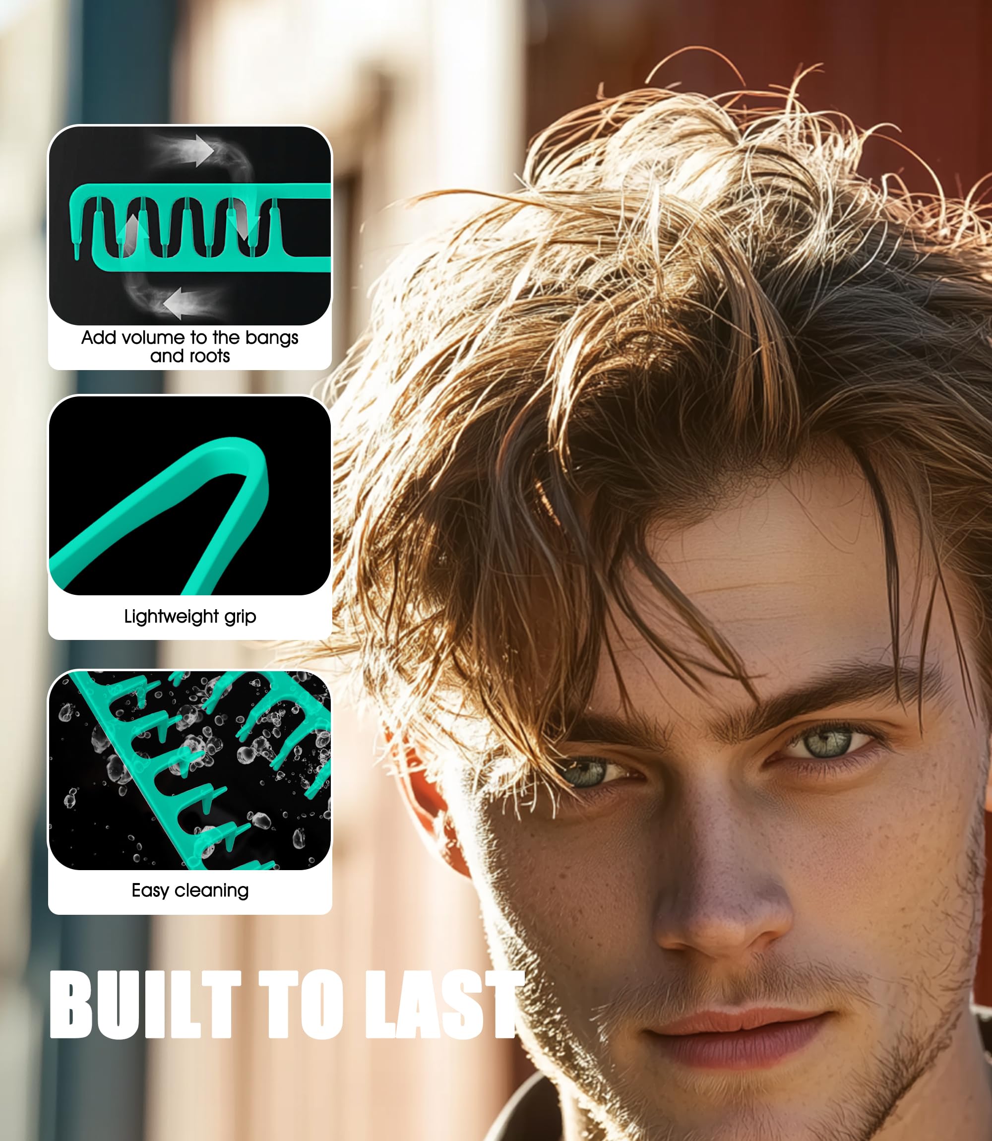 Peine de volumen con textura de 2 piezas con peine de dientes para cuidar el volumen de las raíces del cabello con la línea de flequillo, cepillo de pelo para hombres y mujeres, negro y verde azulado