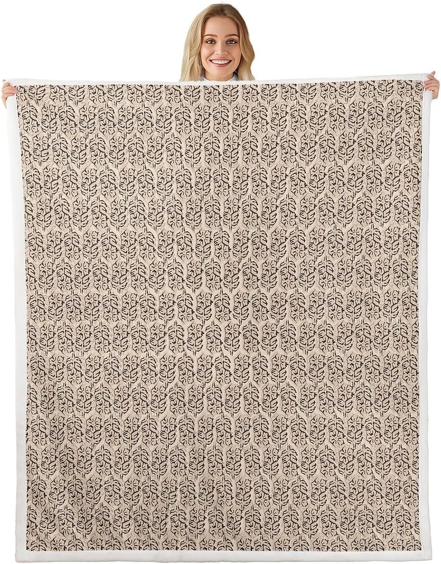 Erosebridal Florals Fleece Throw Blanket Twin 60"x80" Farmhouse Plush Sherpa Blanket Boho Block Abstract for Women Girls Vintage Aesthetic Garden Cloud Cream Room Decor