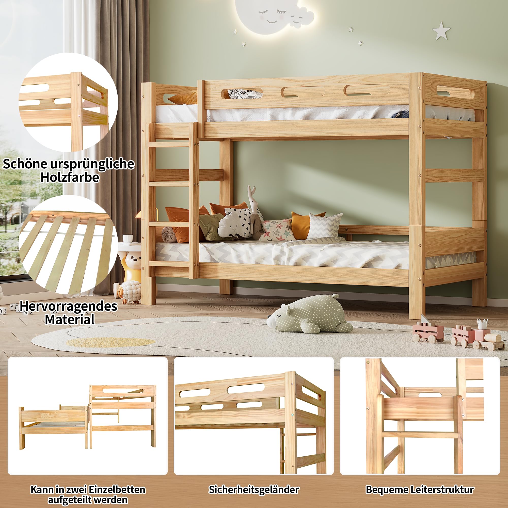 Idemon Letto a castello per bambini e ragazzi, letto suddiviso in 2 letti singoli, robusto telaio in legno di pino, montaggio semplice, naturale, 90 x 200 cm