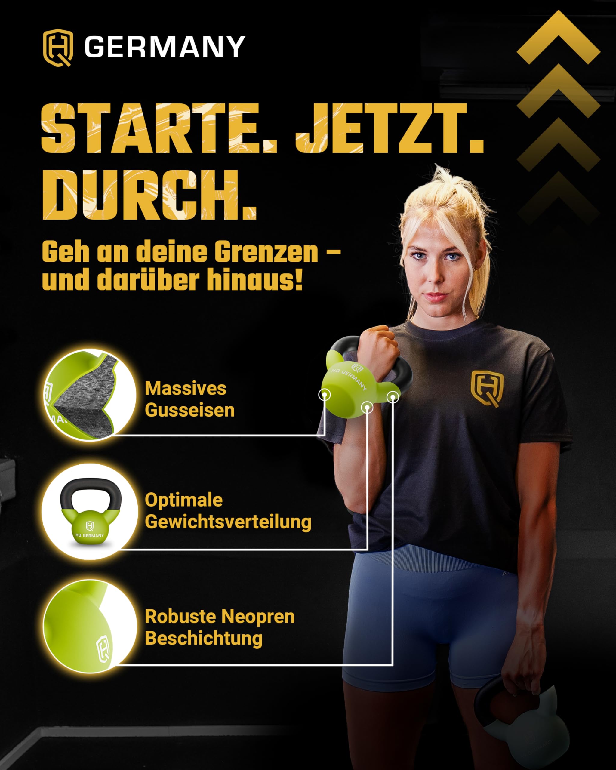 HQ Germany® Kettlebell Neopren [optimaler Bodenschutz] - Kugelhantel 2-32kg | Einteiliger Gusskern, pulverbeschichteter Griff, ±2% kalibriert, ergonomisch je Gewicht, Neoprenschicht