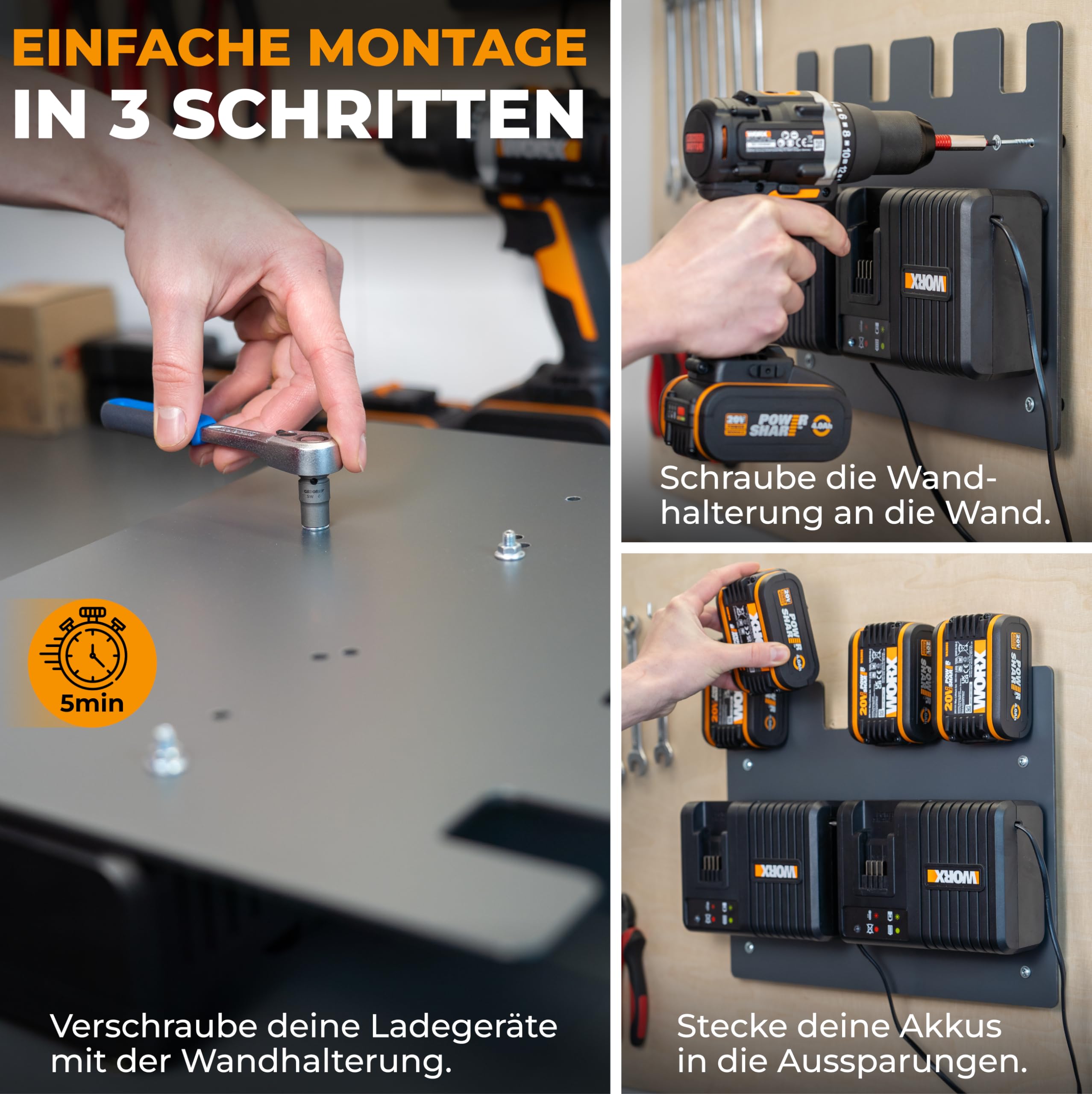 Wandfest® Wandhalterung für Worx Akkus und Ladegeräte - Das Original [Made in Austria] Worx Akku Halterung für 4 Akkus - Jetzt mehr Ordnung in Werkstatt und Garage