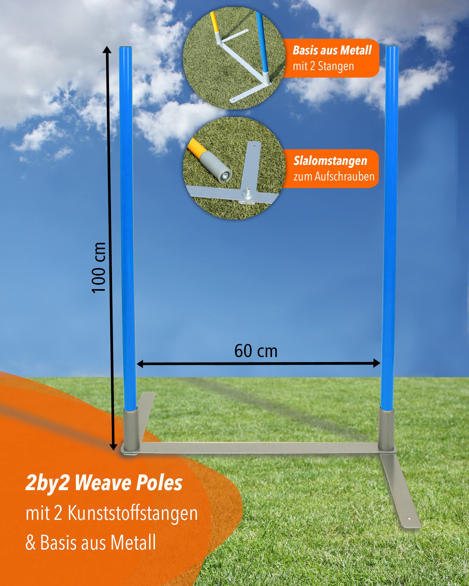 2by2 Weave Poles – niebieskie – zestaw 2 drążków slalomowych z metalową podstawą – do treningu i budowy parcoursu – możliwość rozszerzenia i mobilności