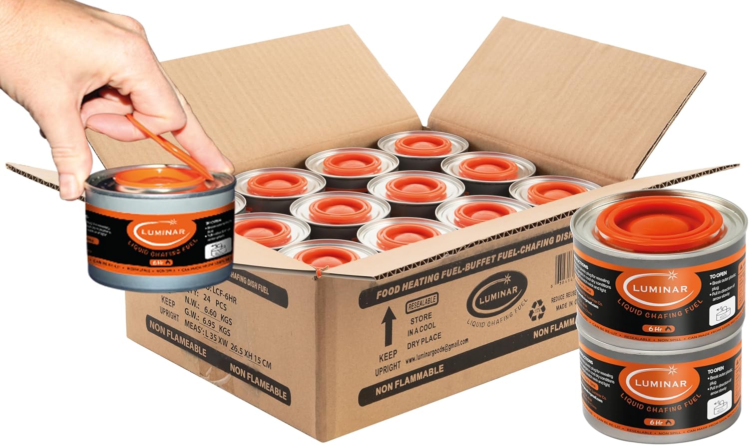 Luminar Resealable-Wick Chafing Fuel Cans, 24 Pack, 6 Hour - Premium Quality Burners for Food Warmers - No More Spills, Waste, or Hassle - Perfect for Convenient, and Long-Lasting Event Catering