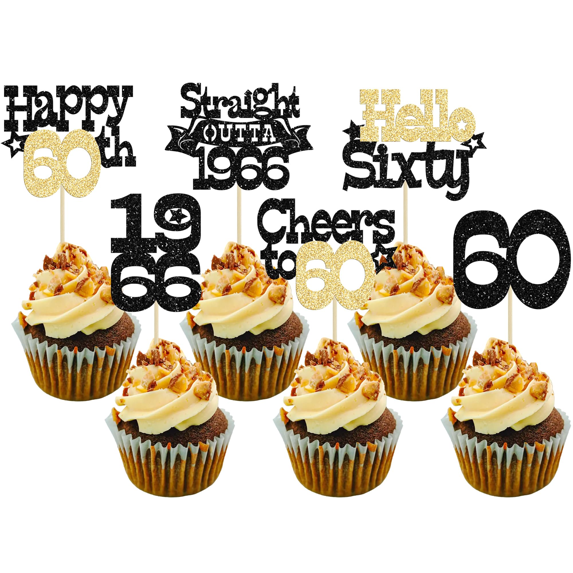 Ephlyn 30Pcs Straight Outta 1966 Cupcake Toppers Glitter Sixty Happy 60th Birthday Cupcake Picks Cheers to 60 Years Cake Decorations for Happy 60th Birthday Anniversary Party Supplies Black Gold