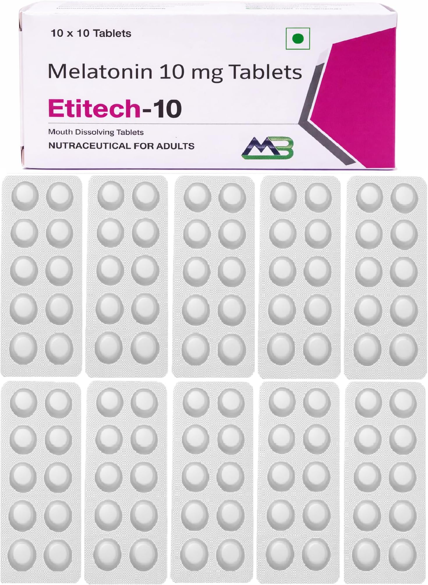 Etitech-10 Melatonin 10mg Mouth Dissolving/Chewable Tablet Vanilla Flavour | Natural Sleeping pills for Restful Deep Sleep | 100 Tablets (10x10)