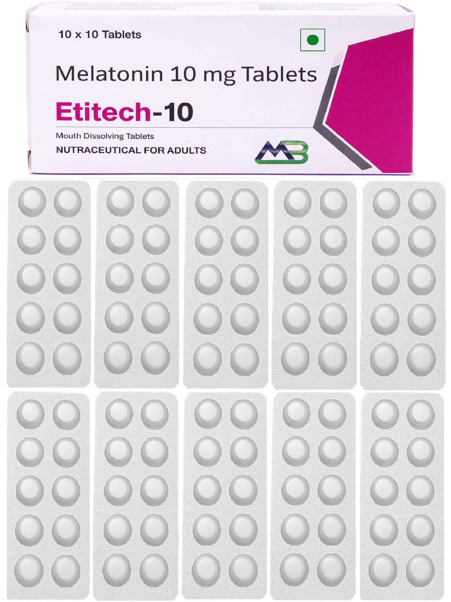 Etitech-10 Melatonin 10mg Mouth Dissolving/Chewable Tablet Vanilla Flavour | Natural Sleeping pills for Restful Deep Sleep | 100 Tablets (10x10)