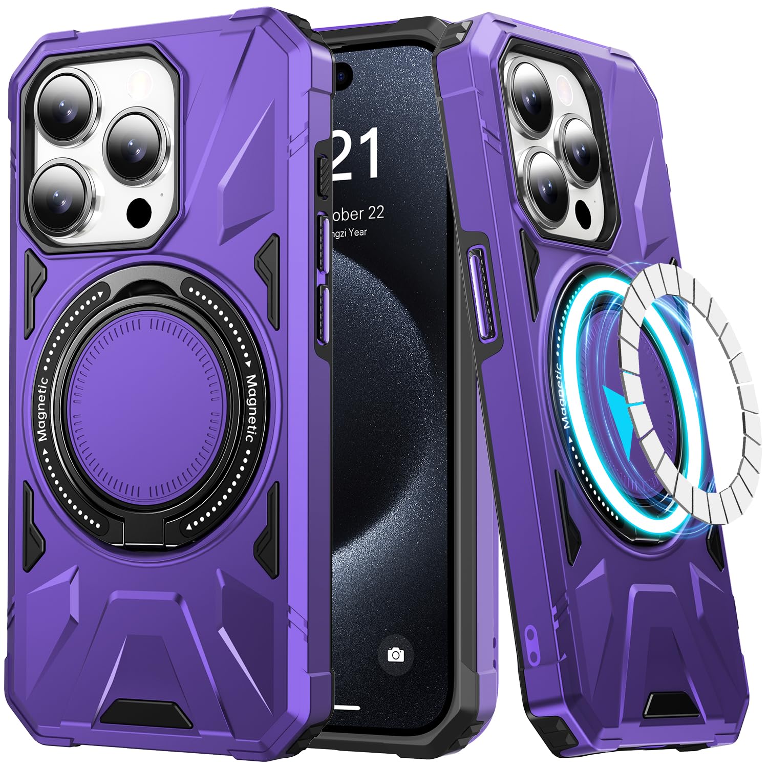 LUMARKE Strong Magnetic for iPhone 14 Pro Max Case - Military-Grade Drop Tested - Built-in Kickstand Shockproof Protective Phone Cover 6.7” for Women and Girls- Purple