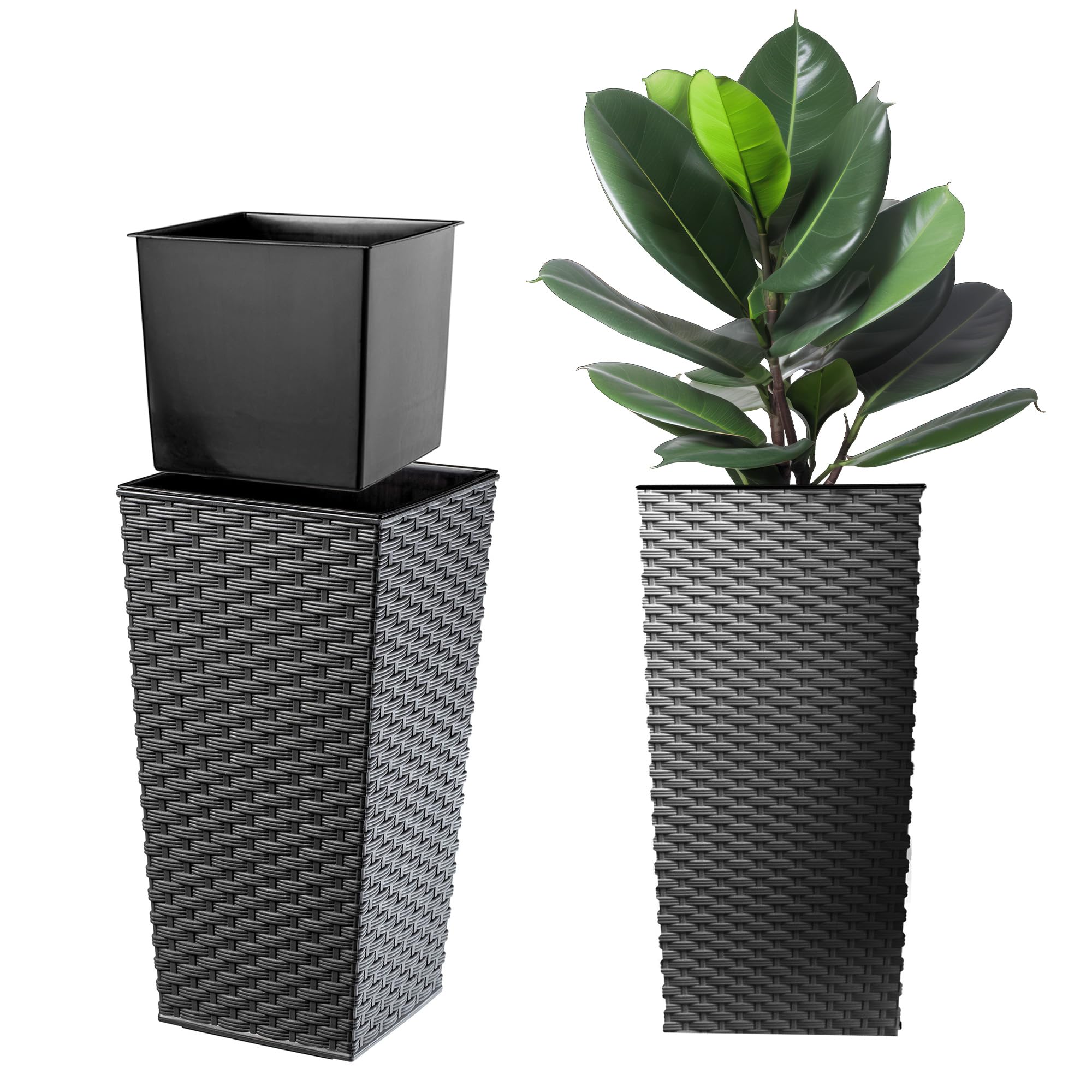 KADAX Pot de fleurs, bac à plantes, en plastique, pour intérieur et extérieur, jardin, balcon, terrasse, maison, résistant aux intempéries, imitation rotin, 68 cm de hauteur, rotin graphite