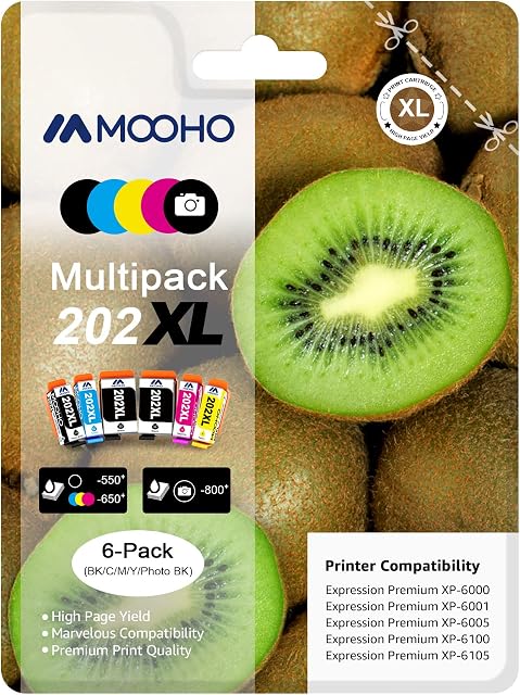 Mooho 202XL Compatible Ink Cartridges Replacement for Epson 202 XL 202XL for Epson Expression Premium XP-6100 XP-6105 XP-6000 XP-6001 XP-6005 Printer(6 PACK)