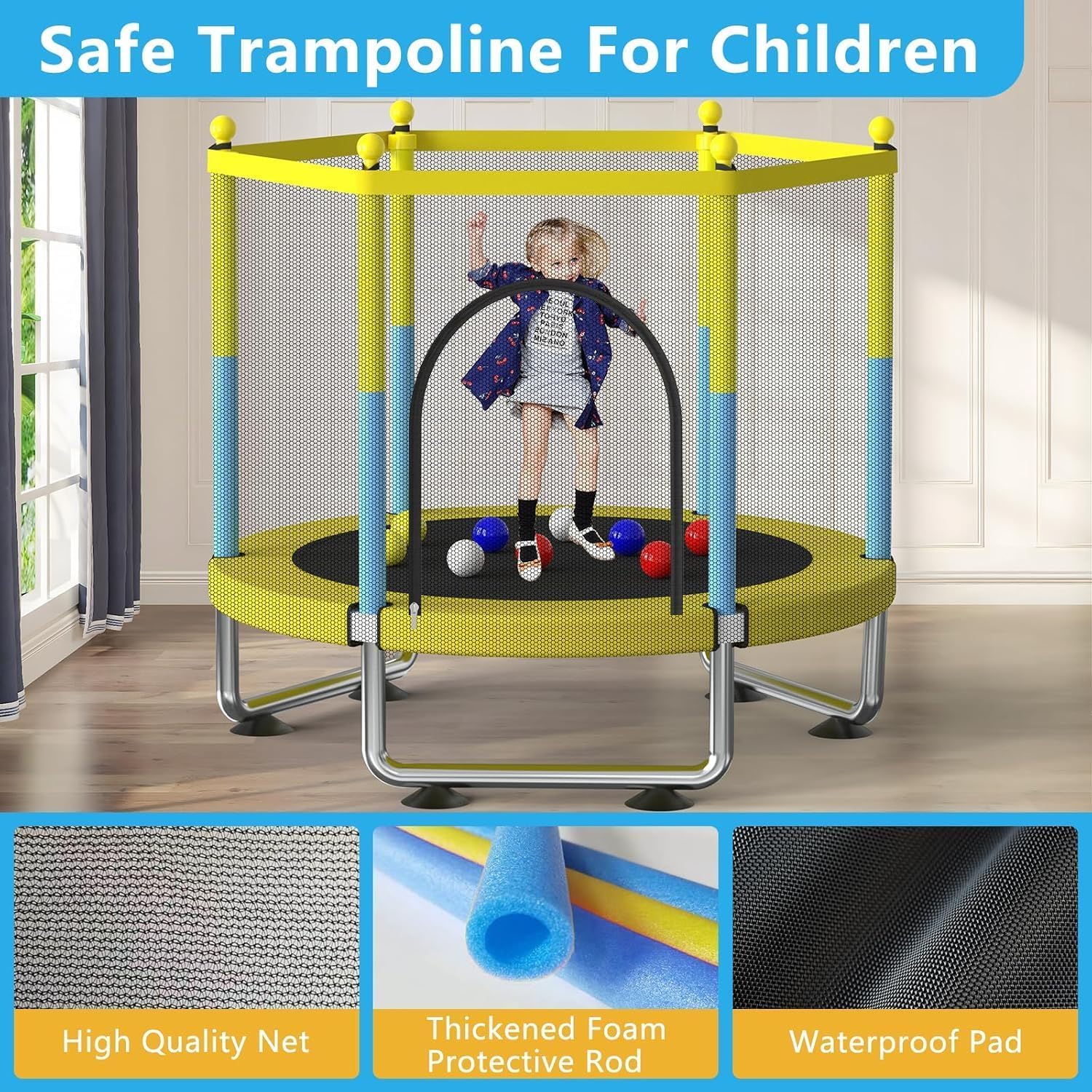 150cm Trampolin für Kinder, Trampolin Outdoor Indoor mit Sicherheitsnetz - 150kg verstellbares, für Jungen und Mädchen im Alter von 3–8 Jahren