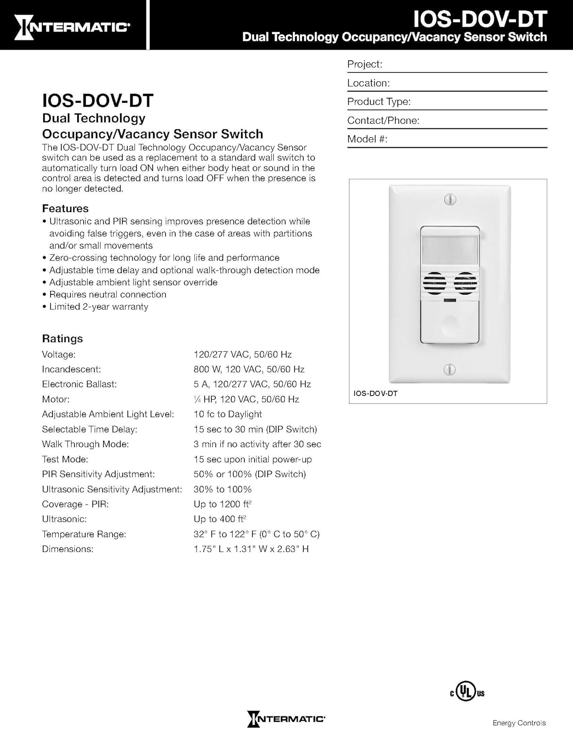 Intermatic IOS-DOV-DT-WH Line Voltage In-Wall Dual Tech Switch