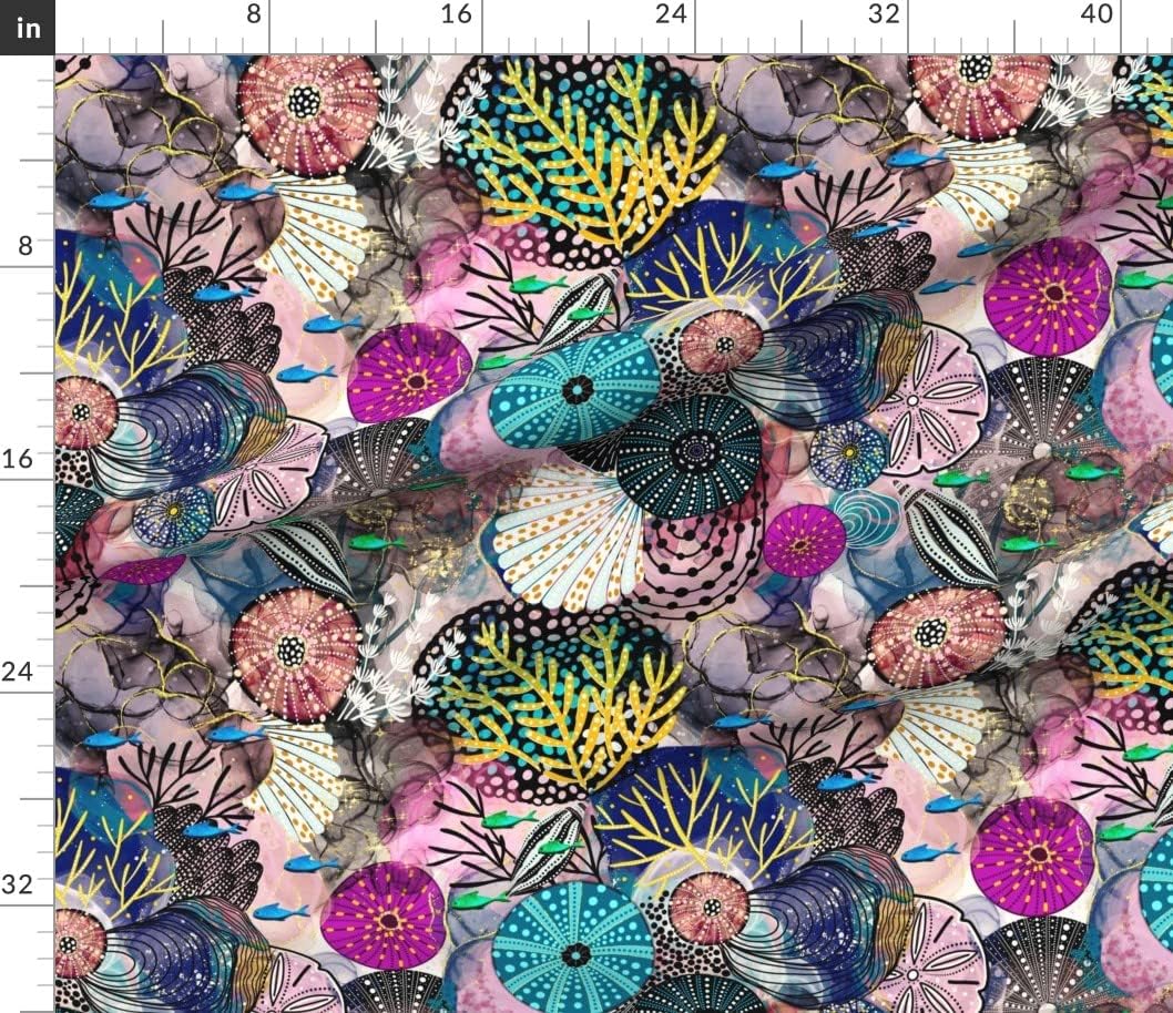 Spoonflower Fabric - Seashells Alcohol Ink Art Summer Multicolor Sea Shells Coral Reef Printed on Cotton Poplin Fabric by The Yard - Sewing Shirting Quilting Dresses Apparel Crafts