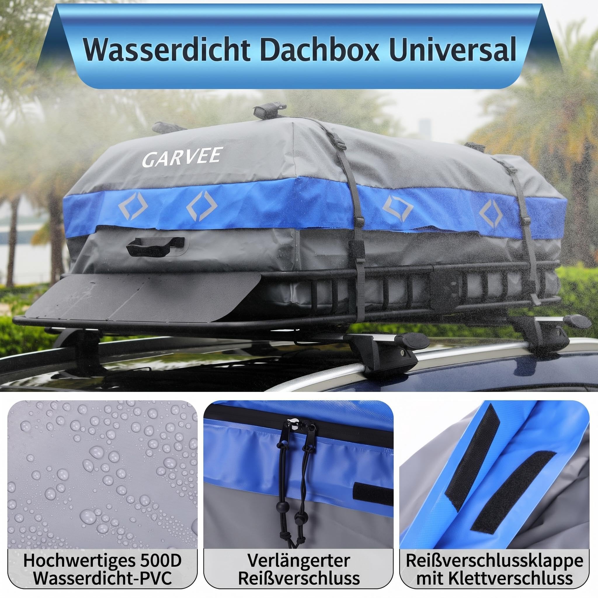 Dachbox Universal für Auto mit/ohne Dachreling, Wasserdicht | Dachkoffer aus 500D PVC, Faltbare Dachtasche mit Anti-Rutsch-Matte, Einfach Montage und Große Kapazität (595 L / 21 Kubikfuß)