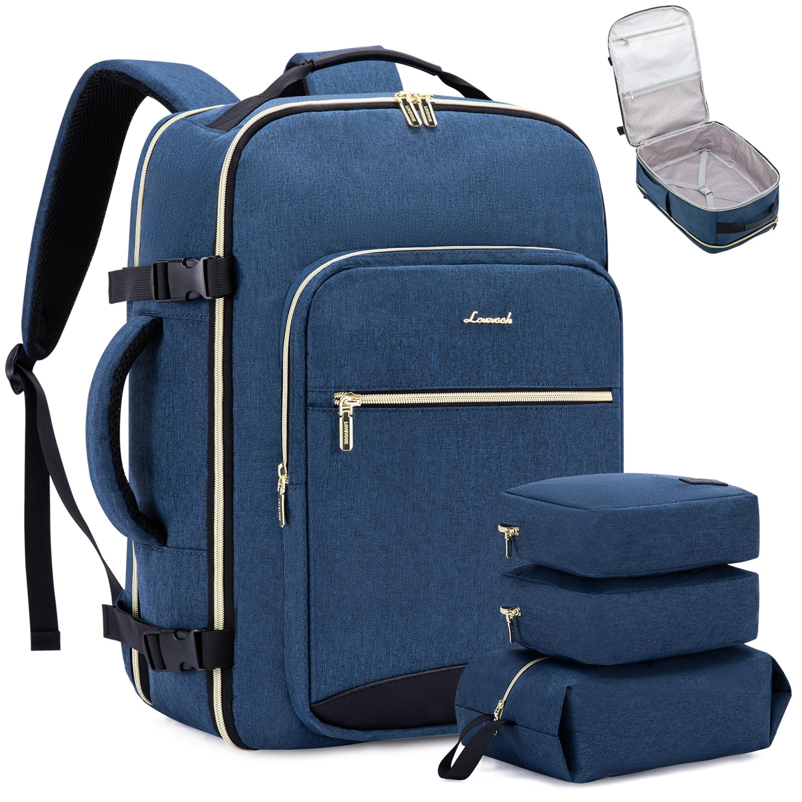 LOVEVOOK 40L Travel Backpack Flight Approved Carry on Backpack,3 Packing Cubes,Waterproof Personal Item Travel Bag,TSA Carry on Luggage Suitcase Travel Essentials,Gifts for Women &amp; Men,fits 17" Laptop
