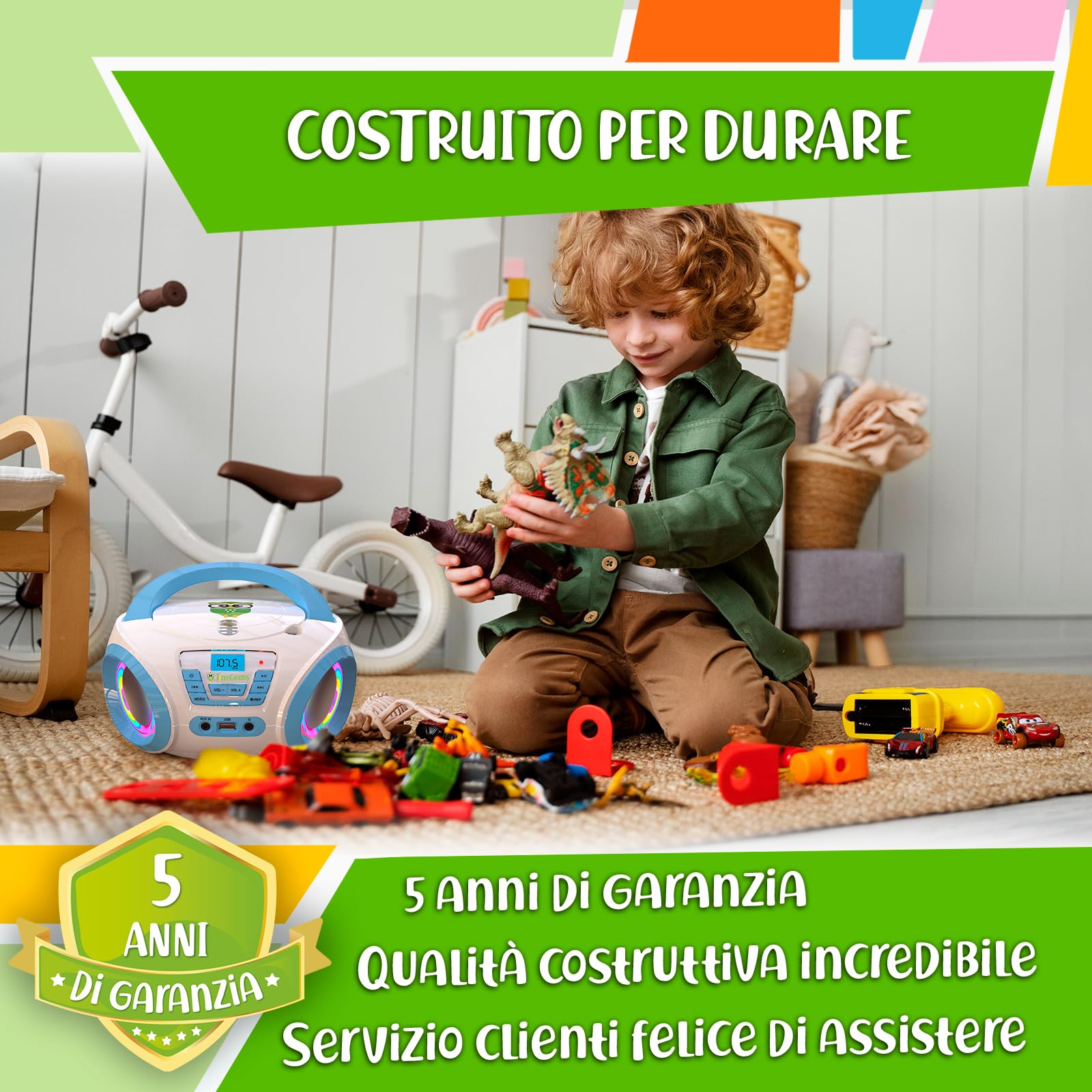TinyGeeks Tunes CD PLAYER - NUOVO + Radio FM + Batterie incluse + LETTORE CD BAMBINI con altoparlanti + Regalo perfetto per bambini - Bianca