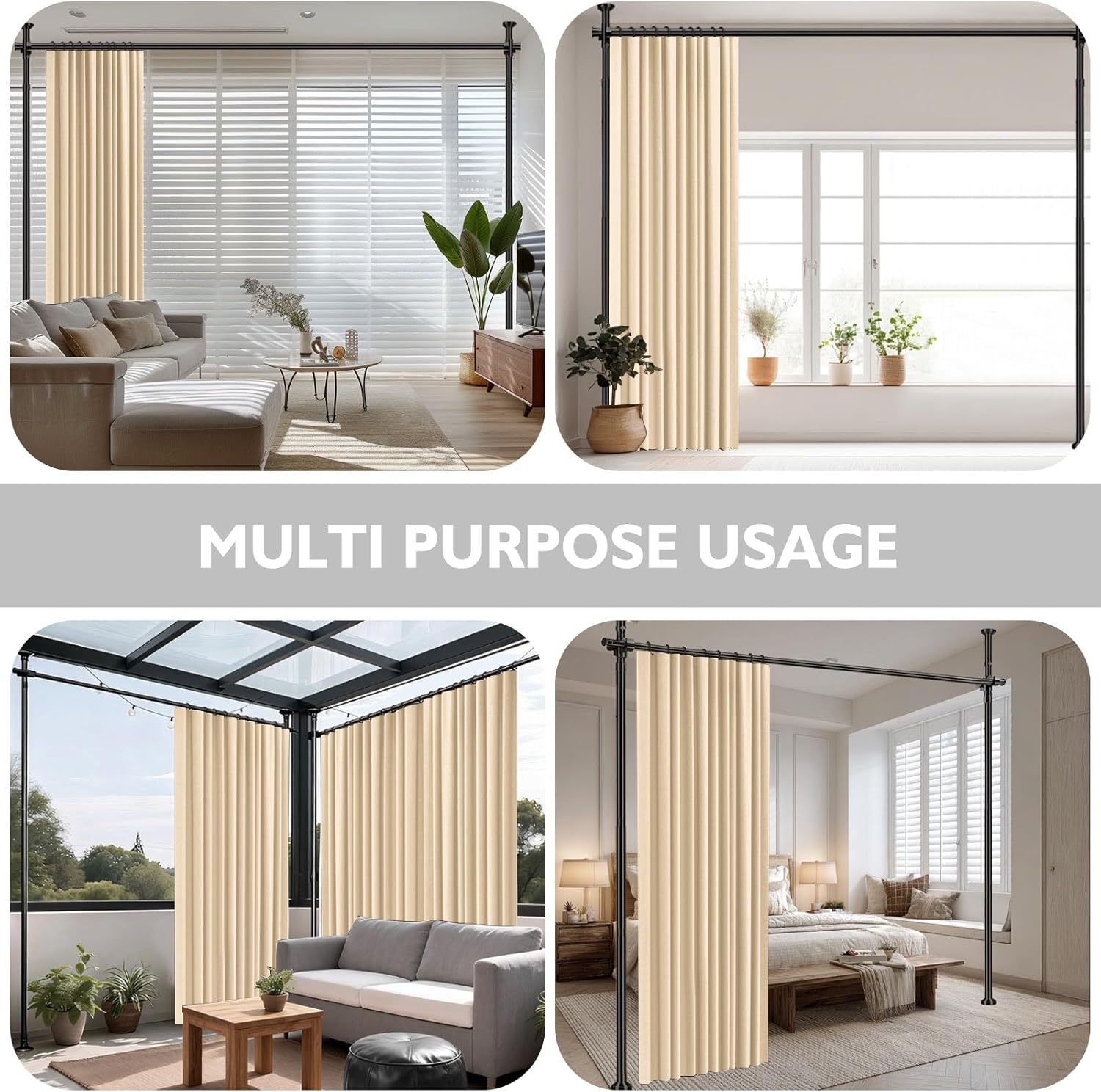 Room Divider Curtain Set-No Drilling Curtain Rod Set, Retractable Room Divider, Adjustable for Office Bedroom, Easy Install Beige-100 W x 84" L(Pack of 1)