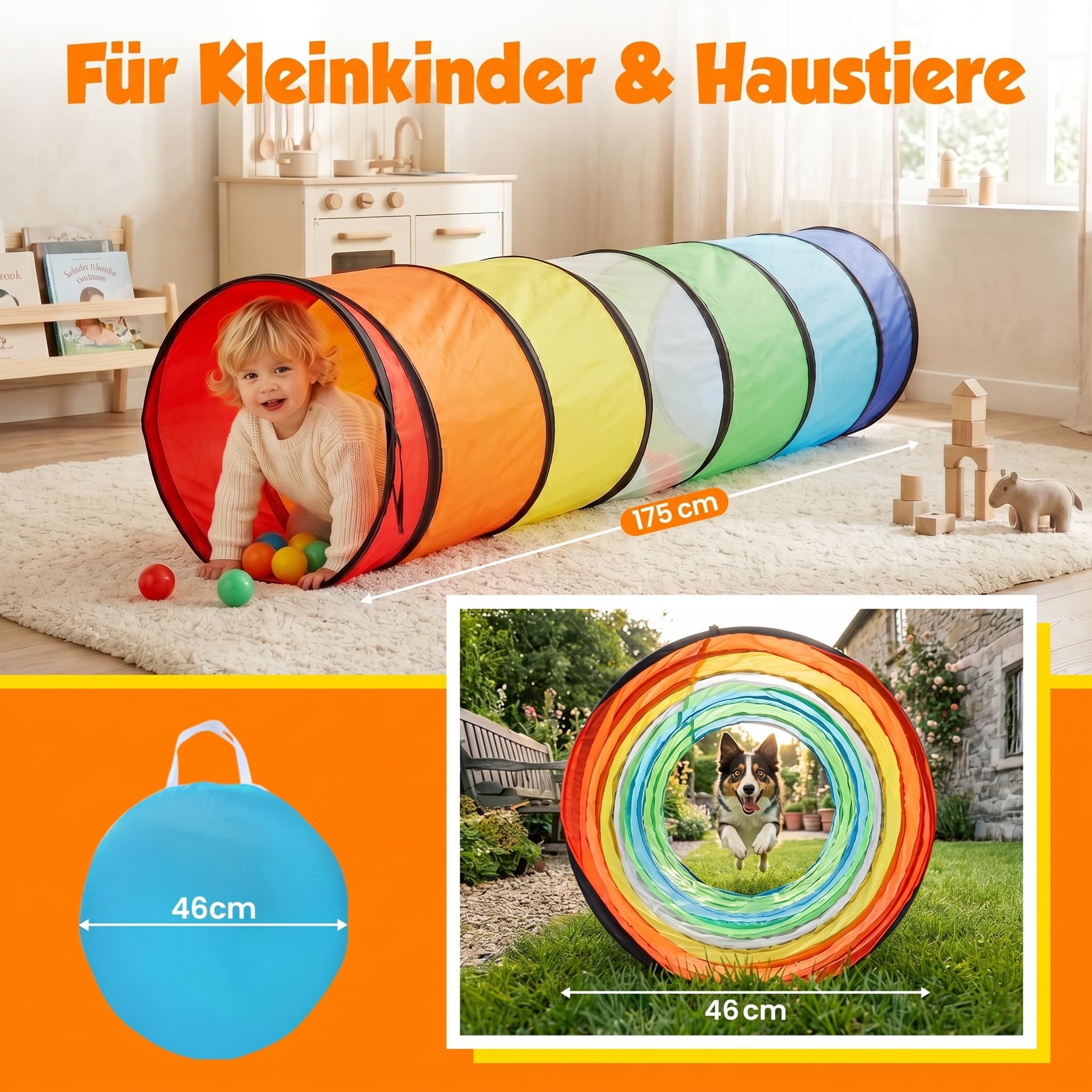 Wilwolfer Tunnel für Kinder - Spielzelt für Draußen mit Mesh-Seiten - 180cm Tunnel für Kinder motorische Fähigkeiten Baby-Krabbel-Spielzeug Klappbares Pop-up-Spielzeuggeschenk für Tiere (Regenbogen)