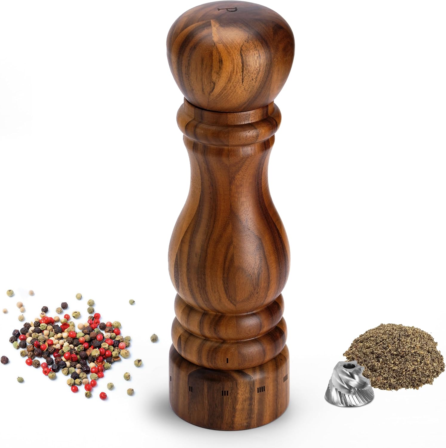 Wooden Pepper Grinder, Manual Pepper Mill with Stainless Steel Core, Refillable Pepper Shaker with Acacia Wood Body, External Adjustable Coarseness, 9” Tall
