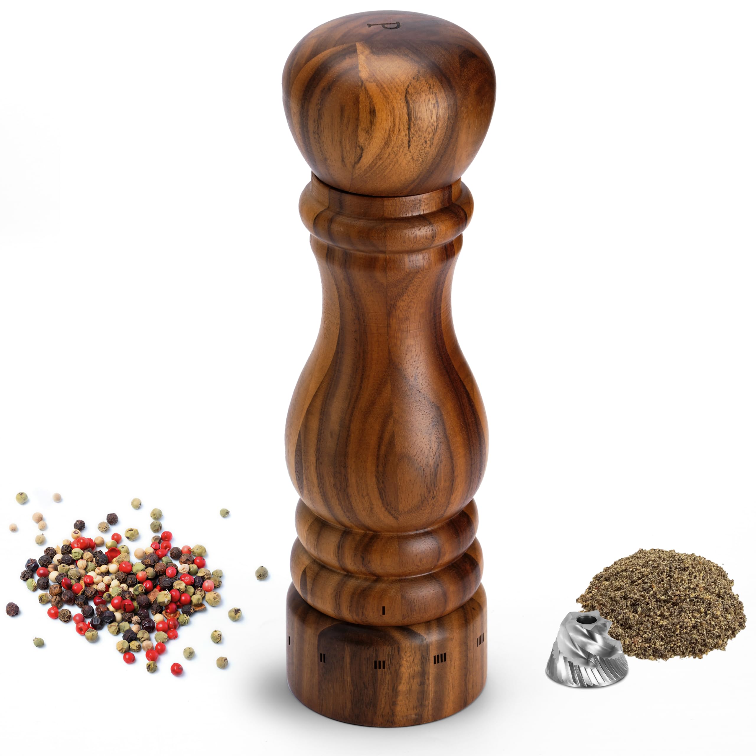 Molinillo de Pimienta de Madera, Manual con Núcleo de Acero Inoxidable, Recargable, Madera de Acacia, Ajuste de Grosor Externo, 23 cm