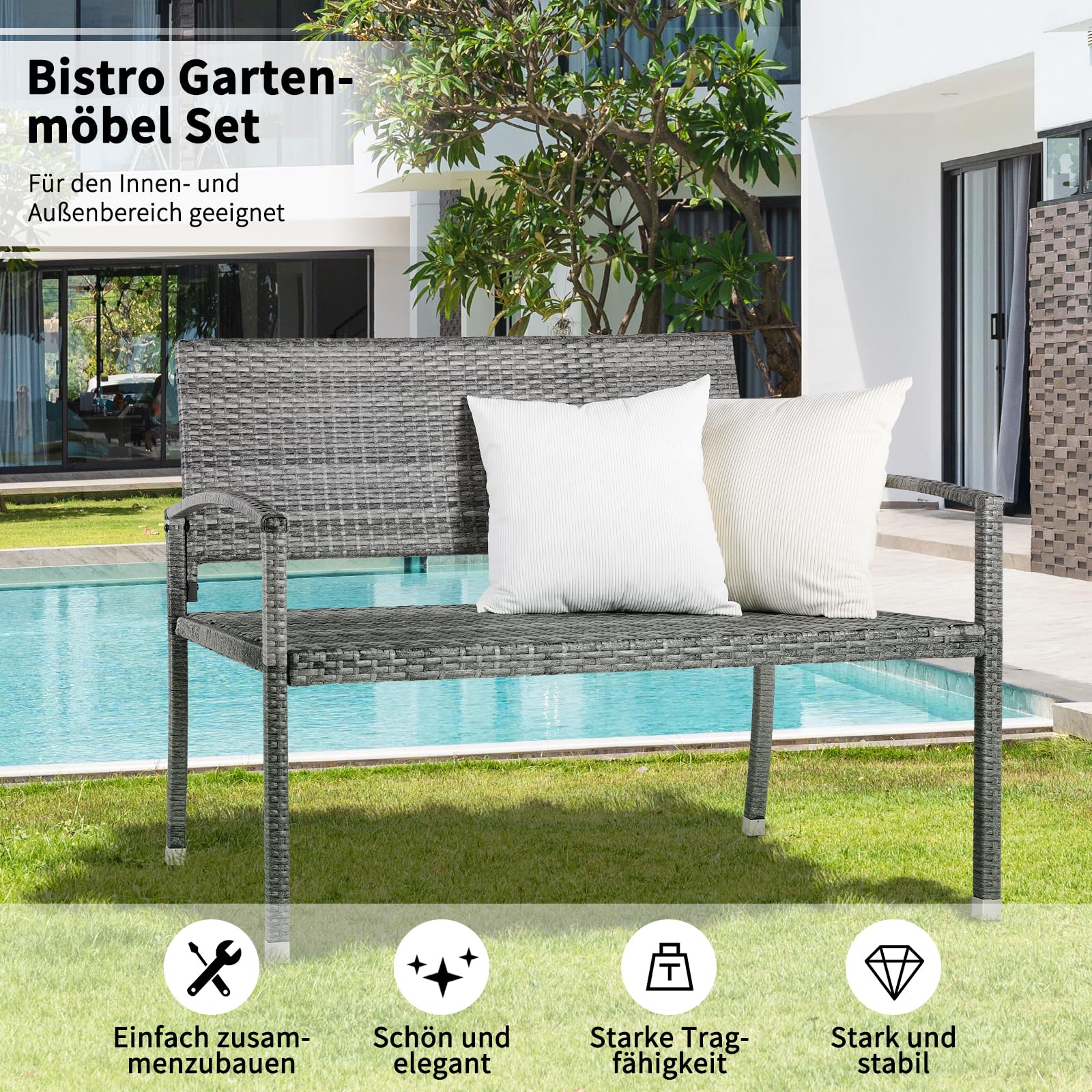 LIFERUN Banco de Jardín de Ratán, Mueble Poliratán Jardín 2 Asientos, Banco Terraza Exterior, Resistente Intemperie, Capacidad de Carga hasta 320 kg, Ratán de Doble Cara, 122x62x90cm, Gris