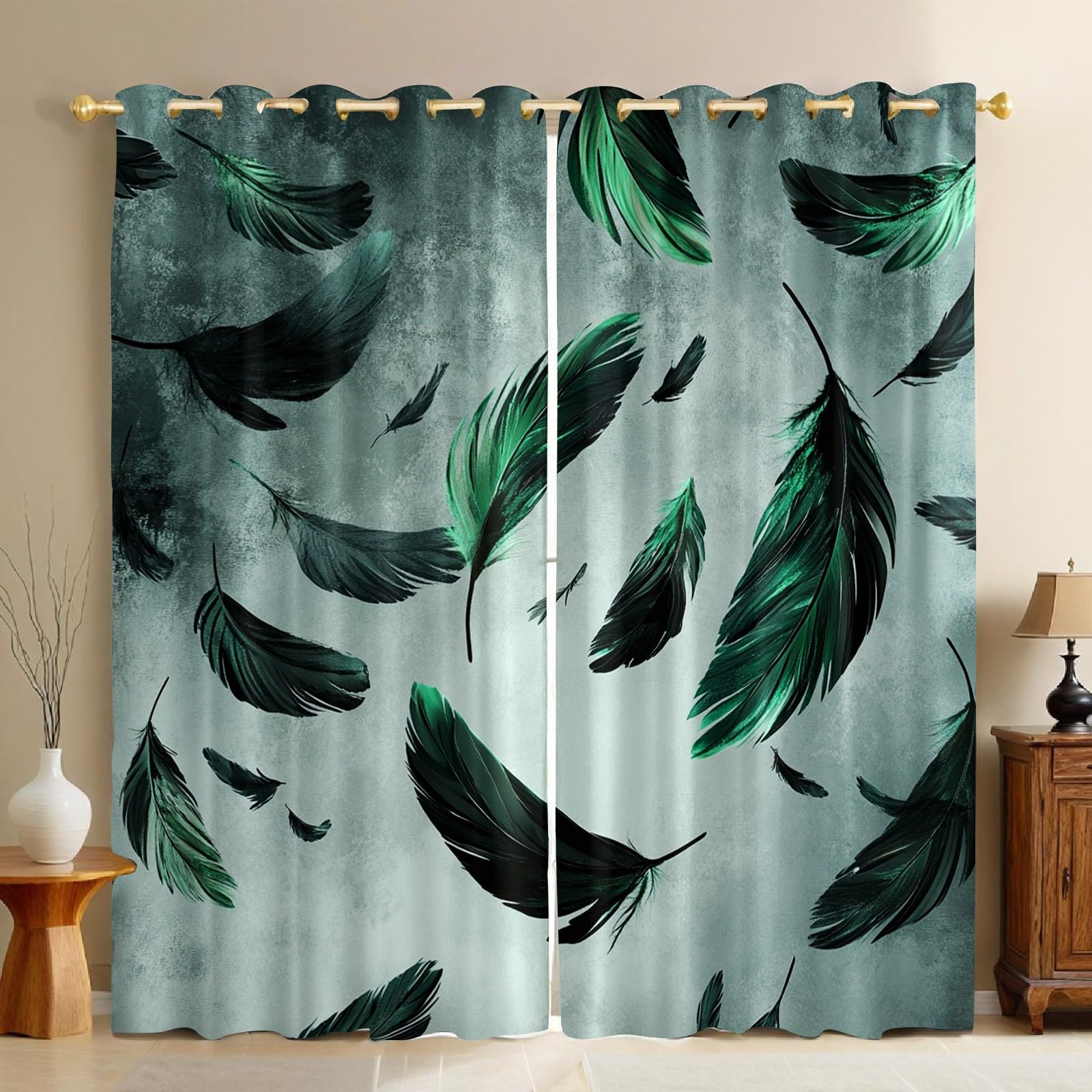 Rideaux occultants pour salon et chambre motif plume verte opaque 70x160cm