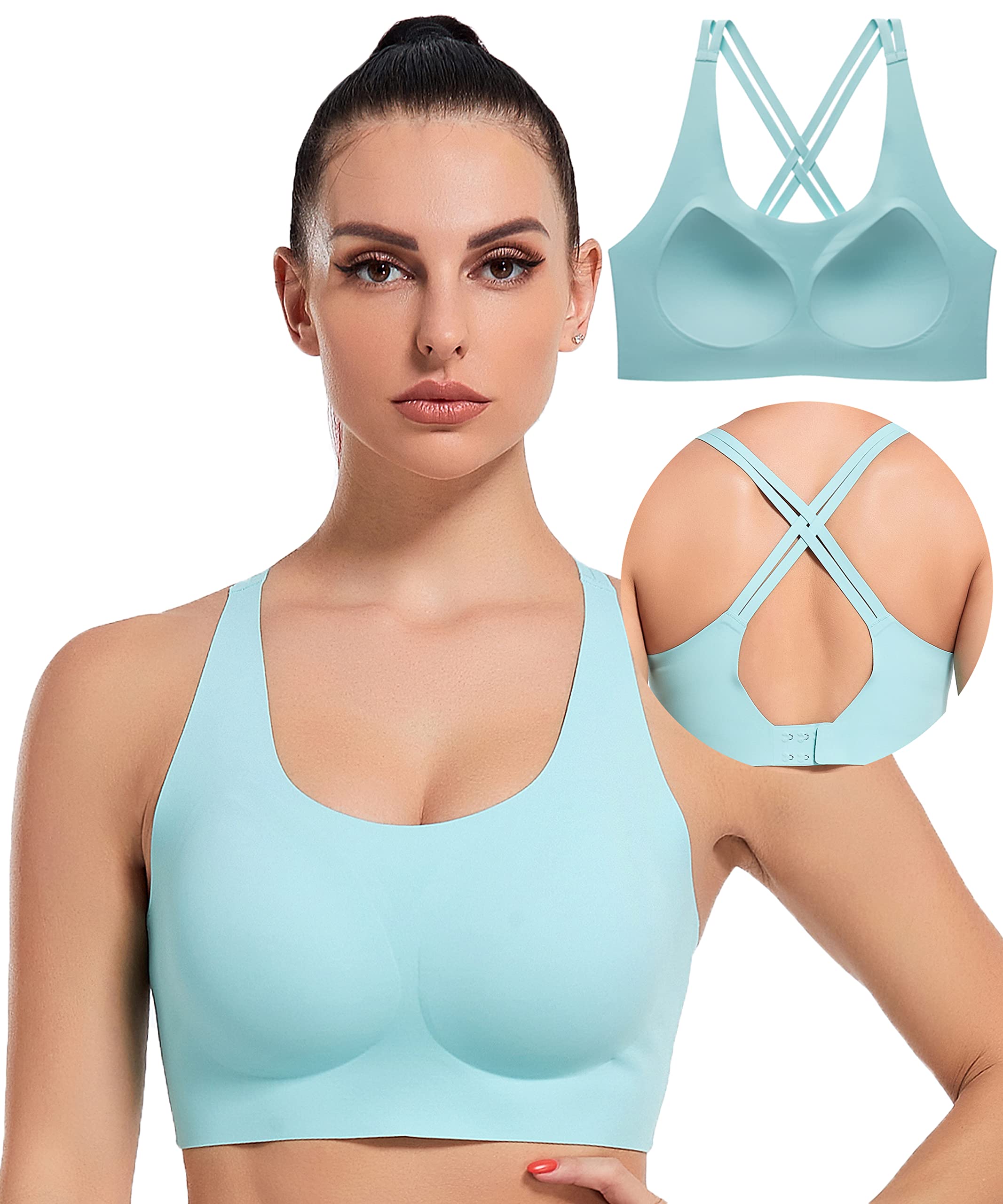 Molded Cup Sports Bras for Women,Cross Back Sports Bra Top,Wirefree Comfort Bras A to D Cup,Workout Bra Mid Impact