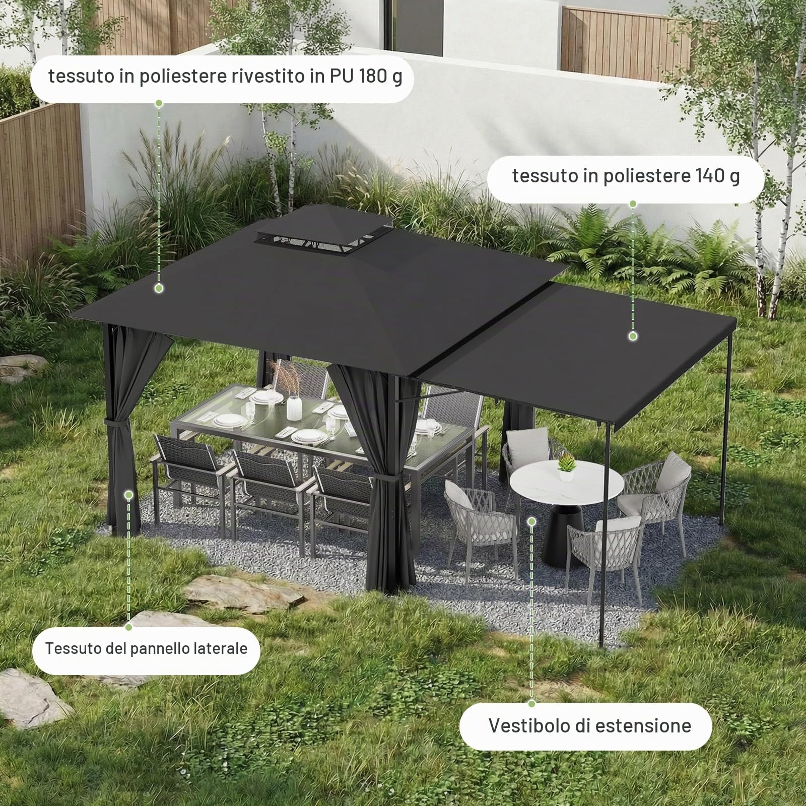 JUMMICO Gazebo da Giardino Esterno 3x3, con Estensione Convertibile in Parete e Tende Laterali Incluse, Tetto a Doppio Strato, Struttura Metallica Resistente alle Intemperie, Ideale per Spazi Esterni