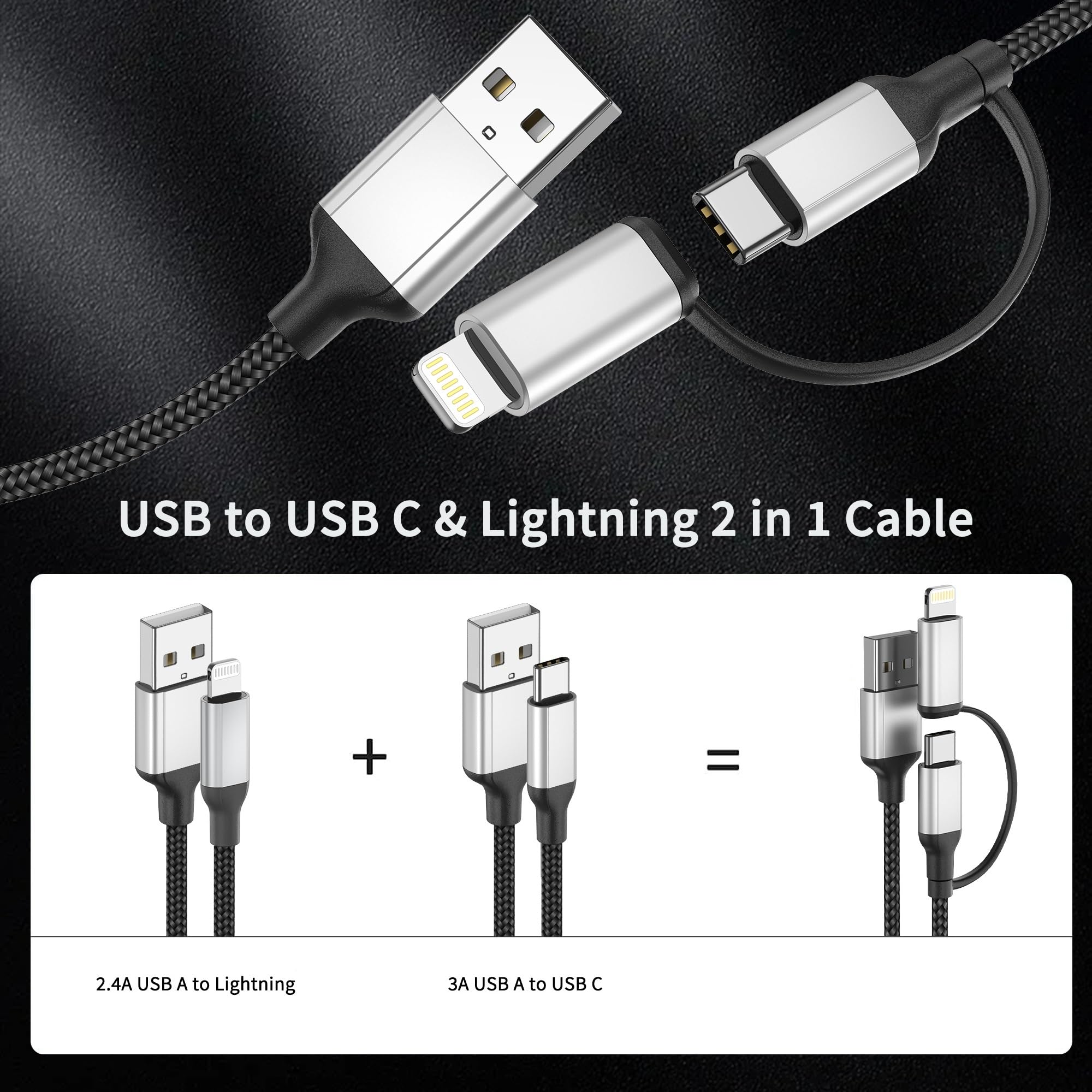 Kabel USB C 1,5 m, 2 w 1, kabel do szybkiego ładowania, USB A na USB typu C i kabel Lightning do ładowania iPhone'a, Samsung, Huawei, Xiaomi, OnePlus, Google, czarno-szary