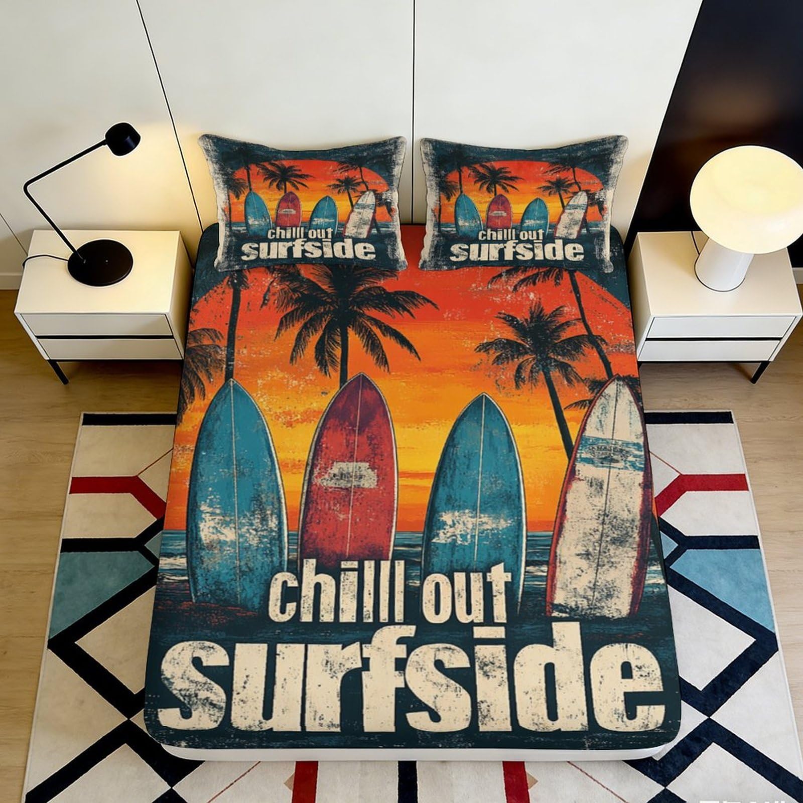 3D Printed Surfboard Sunset Fitted Sheet Microfiber Soft Breathable Palm Tree Bed Cover for Bedroom Dormitory Guest Room Mattress Protection Decor 160x200x25cm