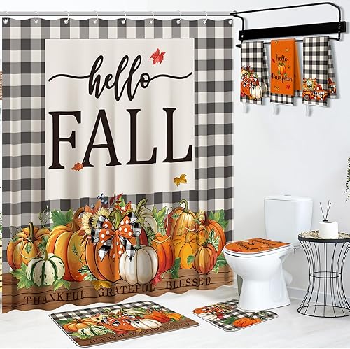 Juego de 7 cortinas de ducha de Acción de Gracias para baño, cosecha de otoño, decoración de baño, cortina de ducha impermeable de calabaza otoñal