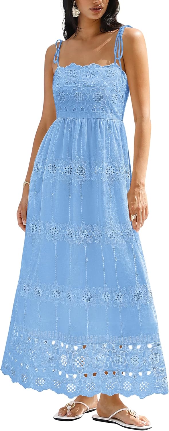 dowerme Womens Summer Maxi Dresses 2026 Casual Spaghetti Strap Smocked Eyelet Cotton Dress Long Beach Vacation Sundress
