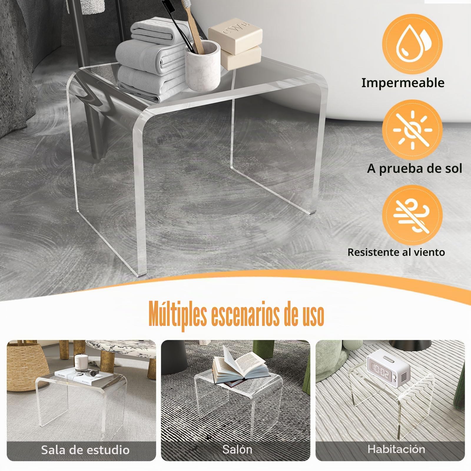 Mesa de extremo de acrílico transparente,Mesa auxiliar en forma de U con bordes redondeados,elegante mesa de centro moderna pequeña,Bancos de ducha,Taburete de acrílico,Taburete de pie transparente
