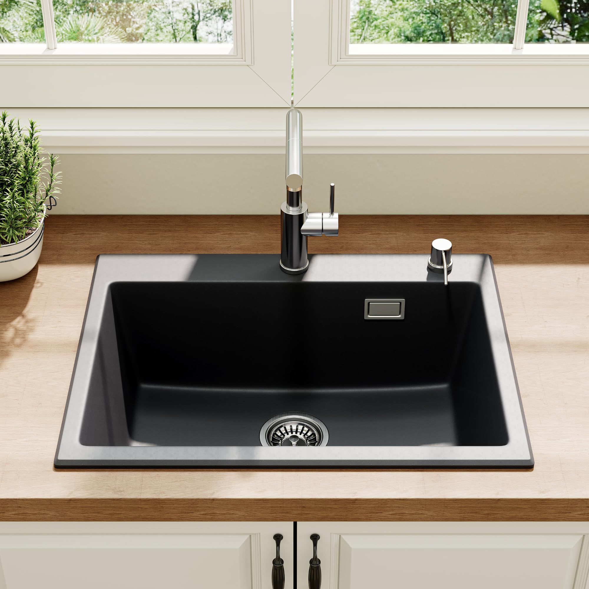 HOROW Granite Composite Kitchen Sink 60x45 cm, Single Bowl Black with Self-Healing & Scratch Resistant Surface, Integrated Push-to-Seal Drain, Includes Fittings & Overflow
