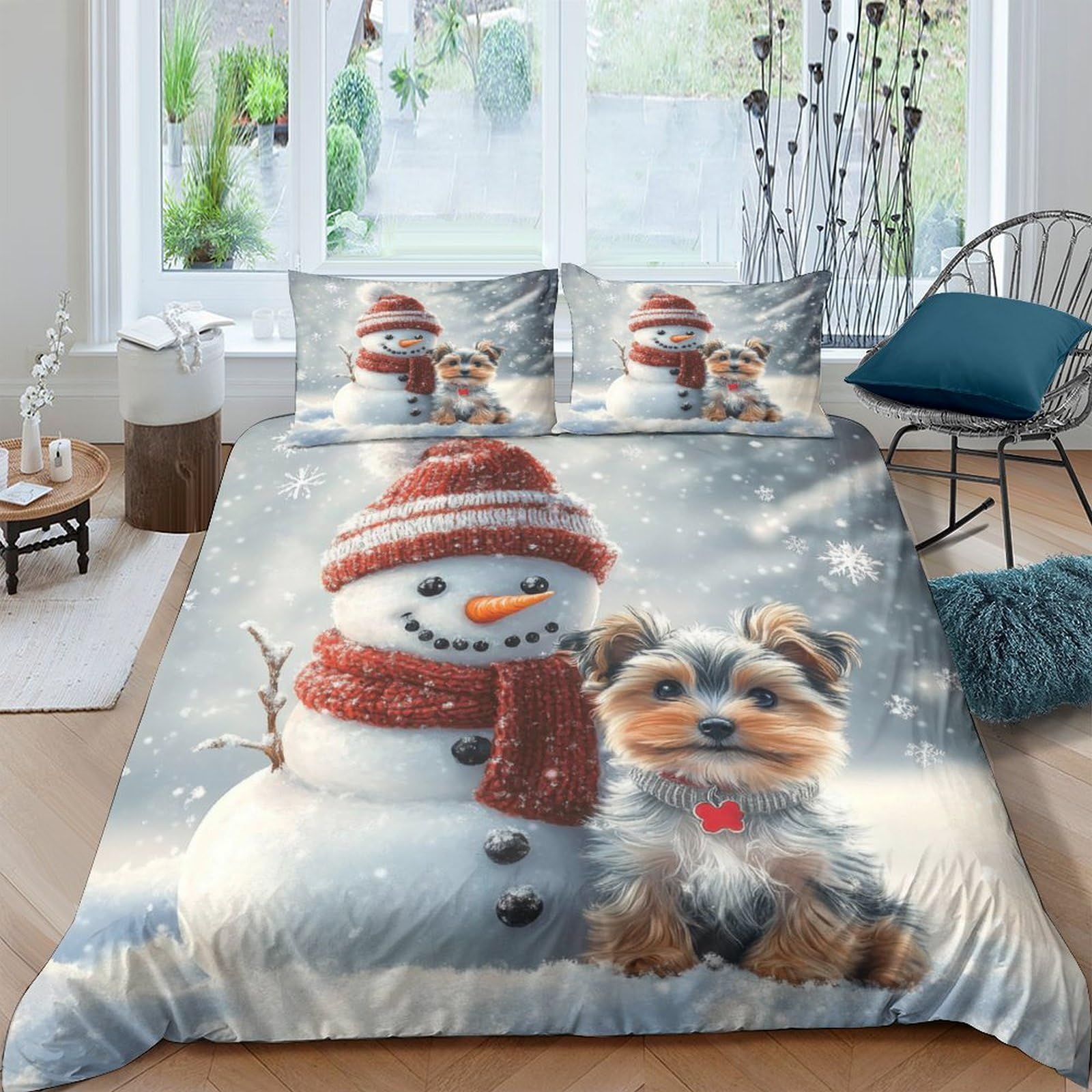 Ctjqhvkz Style-5 3D Printed Snowman With Dog Fitted Sheet Microfiber Soft Winter Bedroom Decor For Mattress Cover Home Dorm Single（135X200cm）