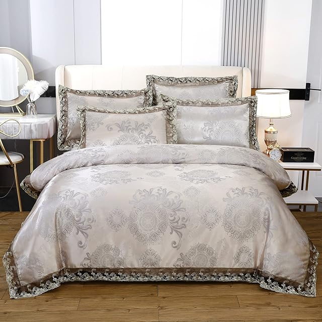 Beyeutao Jacquard Duvet Cover Double Bedding Lace Satin Gray Duvet Set 3-Piece Luxury Jacquard Bedding Set with Duvet Cover Set Pillowcases. (Gray, Double)