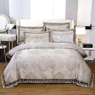 Beyeutao Jacquard Duvet Cover King Bedding Lace Satin Gray Duvet Set 3-Piece Luxury Jacquard Bedding Set with Duvet Cover Set Pillowcases. (Gray, King)