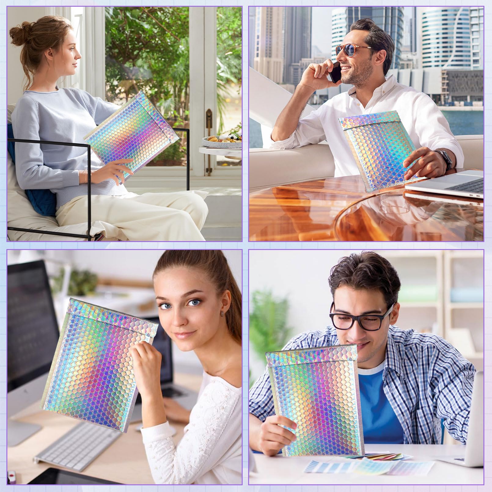 Lot de 50 enveloppes à bulles holographiques avec cartes de remerciement - Poly Bubble Mailer autocollant