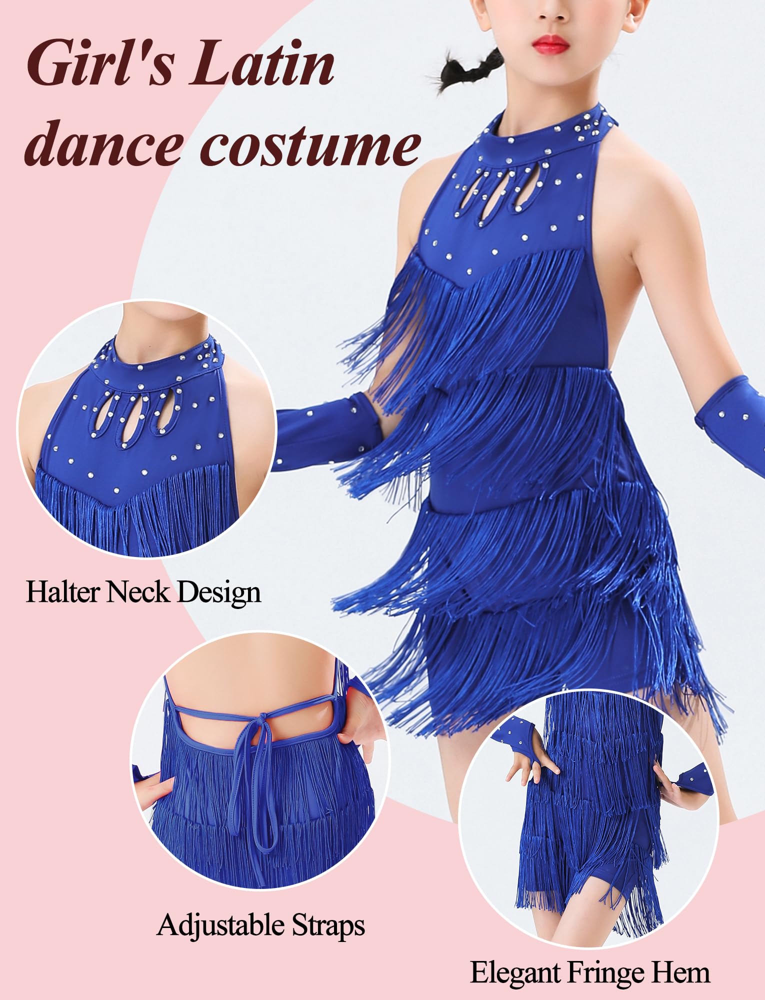FEOYA Filles Robe de Danse Latine sans Manches Vêtements de Danse Frange Short Une pièce Enfants Jazz Samba Tango Salsa Tenue avec Couvercle du Manchon Dancewear pour 3-14 Ans