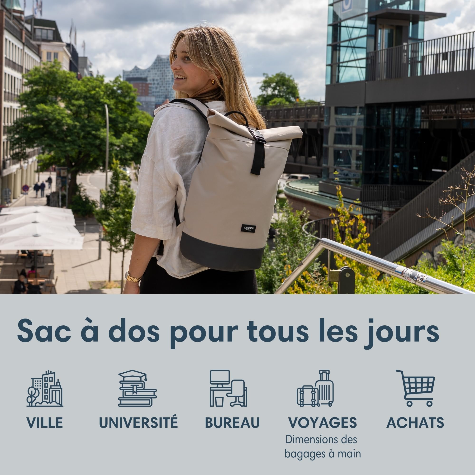 LARKSON Sac à Dos Femmes & Hommes Beige Gris - Janne - Sac à Dos Rolltop avec Compartiment pour Ordinateur Portable pour Université Travail Voyages & Vélo - Medium Backpack - Hydrofuge