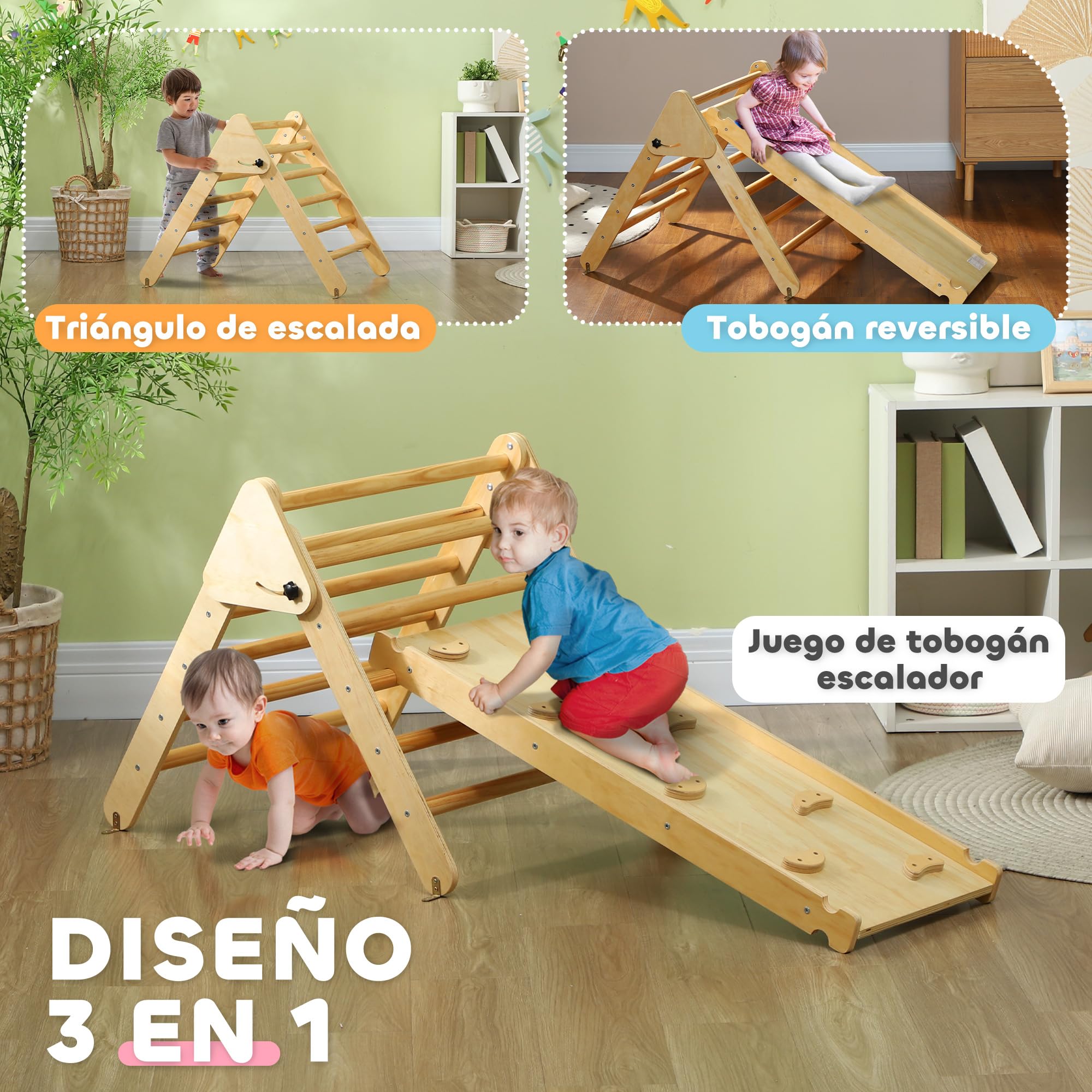 AIYAPLAY 3 en 1 Triángulo de Escalada Montessori, Escalada para Niños de Madera Plegable, para18-48 Meses, con Rampa, para Deslizarse o Escalar, 147x64,5 cm, Natural