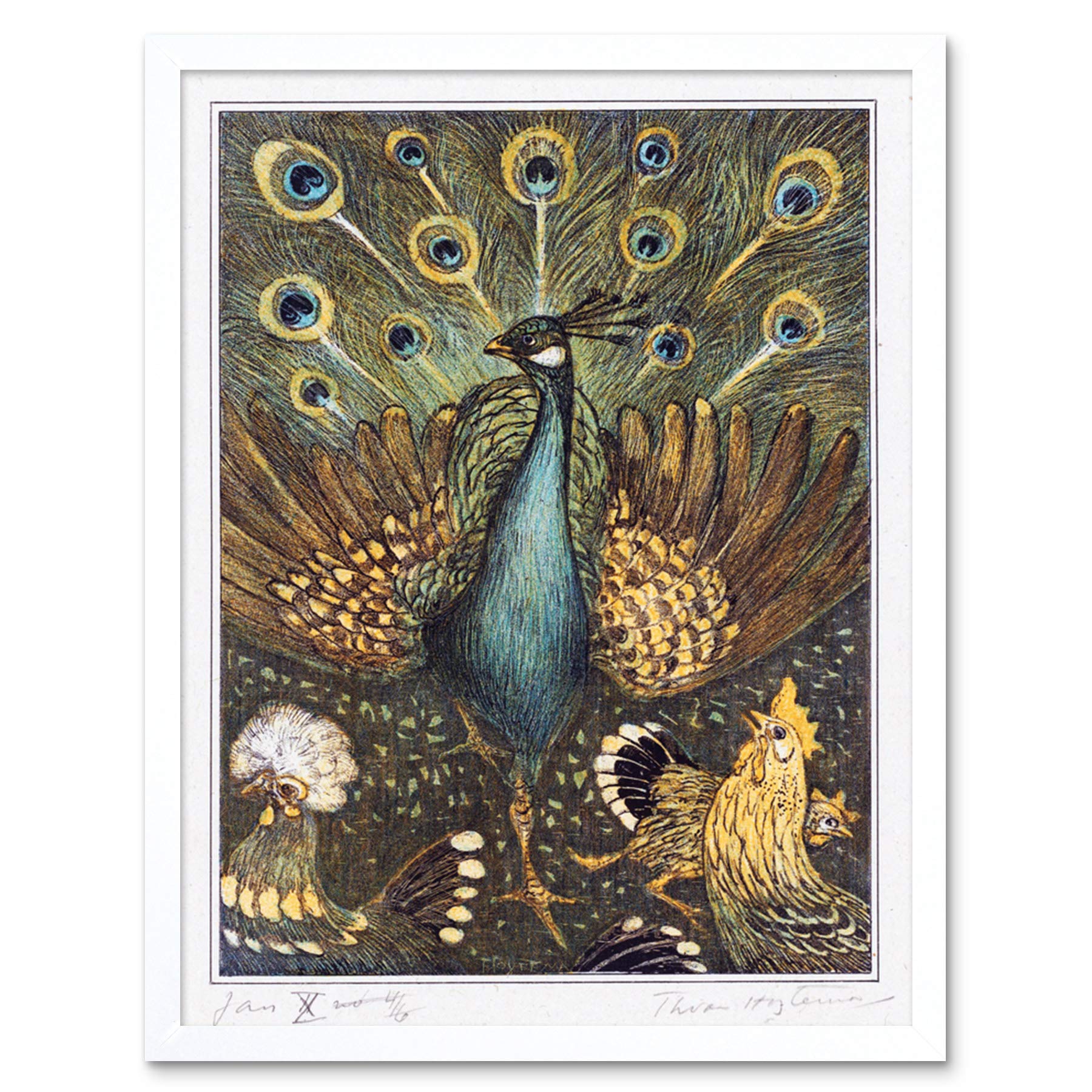 Artery8 Hoytema Peacock Chickens Birds Drawing Art Print Framed Poster Wall Decor 12x16 inch