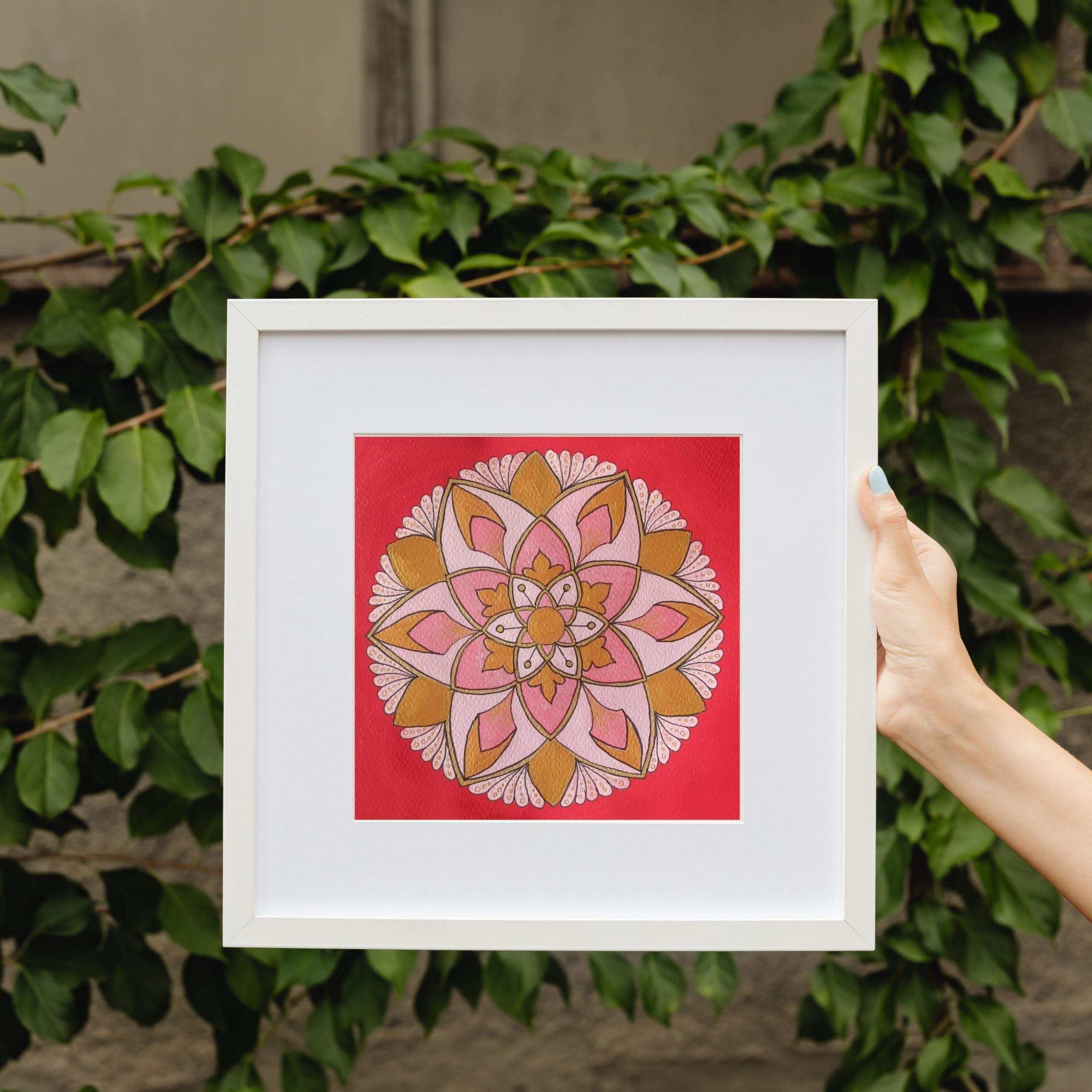 NEHA CREATION | Floral Mandala Art Print | Red and Orange | Royal Golden Mnadala | Unframed Painting | Wall Painting For Living Room, Bedroom | Home Decor | Peaceful And Calming Effect