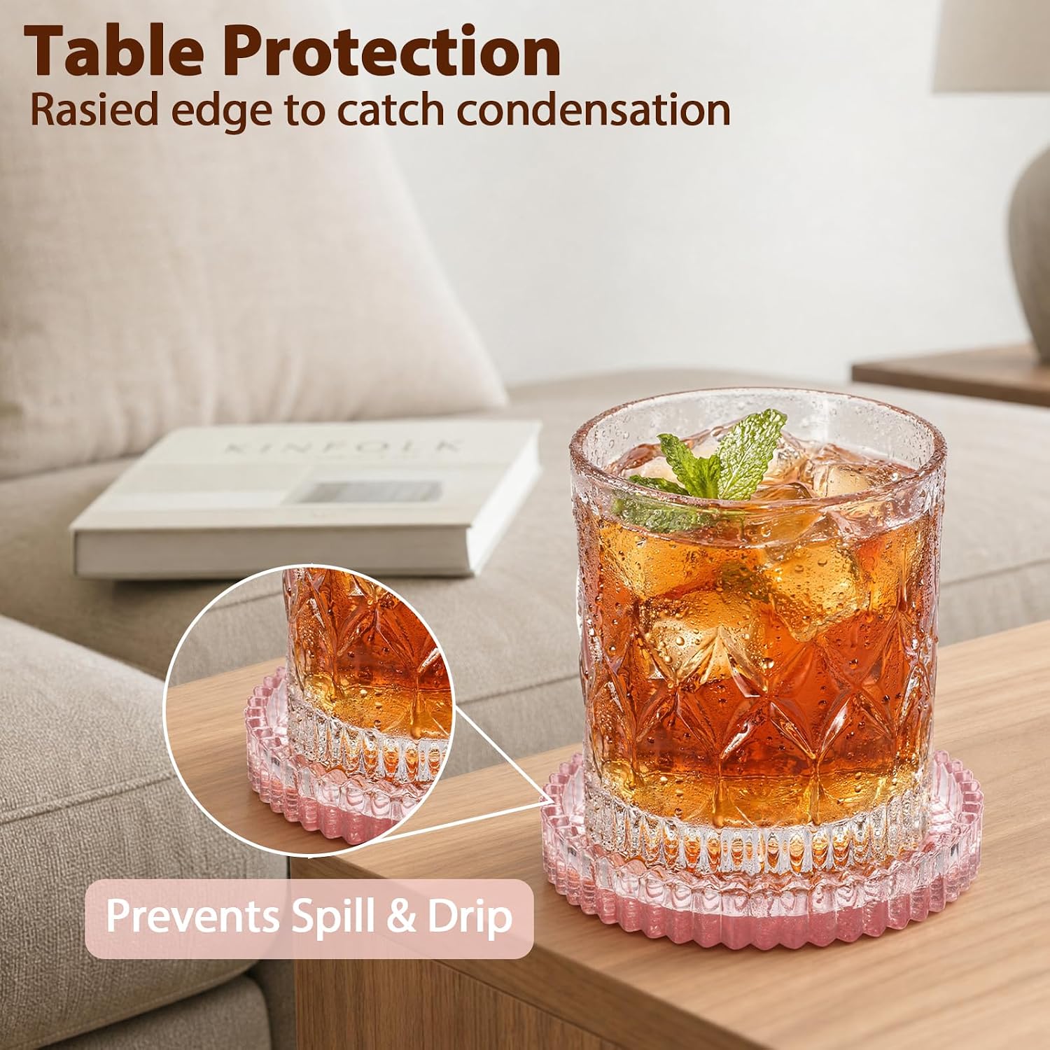 Modern Clear Coasters Set of 2- Glass Cup Coaster for Drinks, Clear Pink