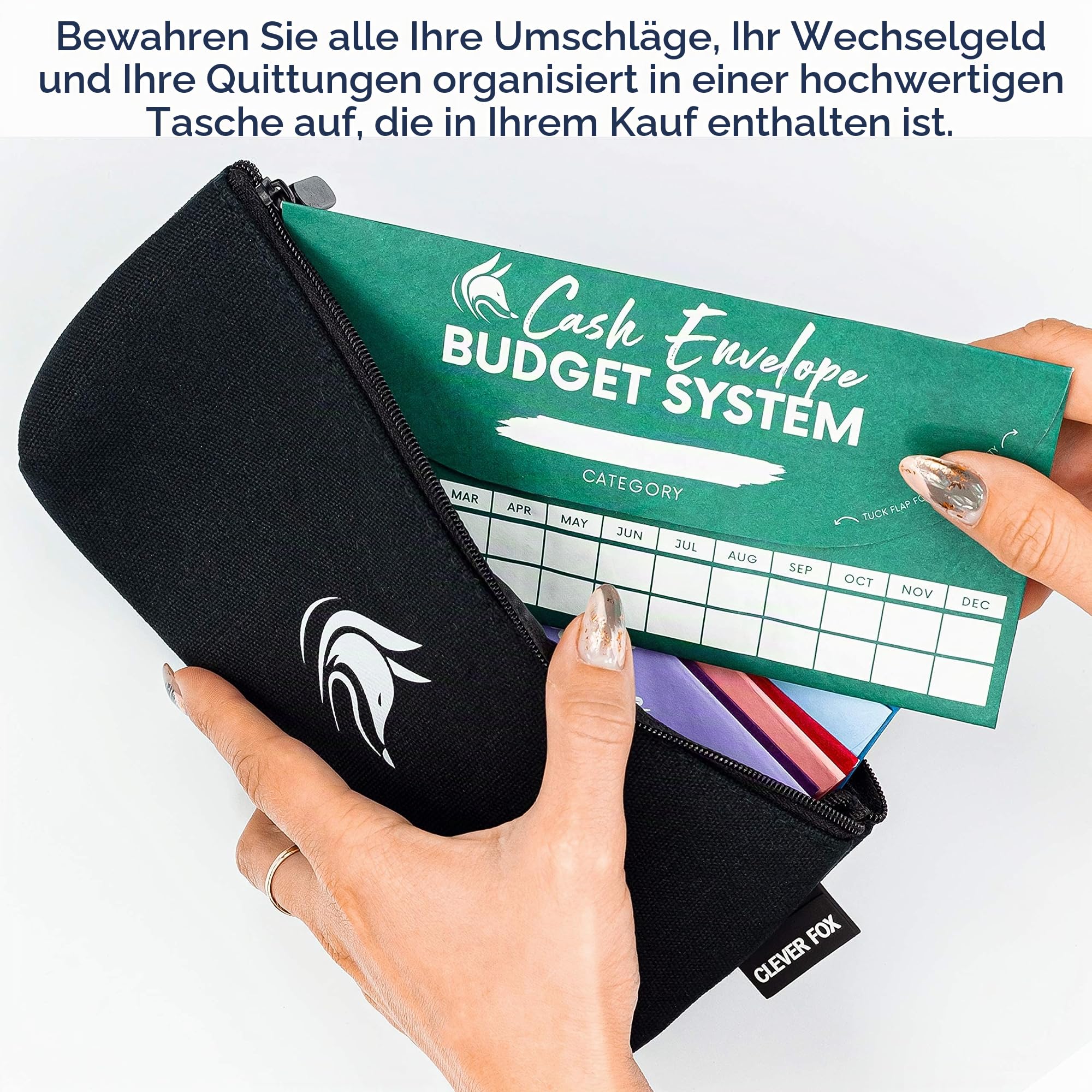 Clever Fox Geldumschläge für das Budgetsystem - Geldumschläge zum Budgetieren und Sparen, 12er-Pack in verschiedenen Farben, reiss- und wasserfest, + Tragetasche & 12 Budgetblätter - Sortierte Farben